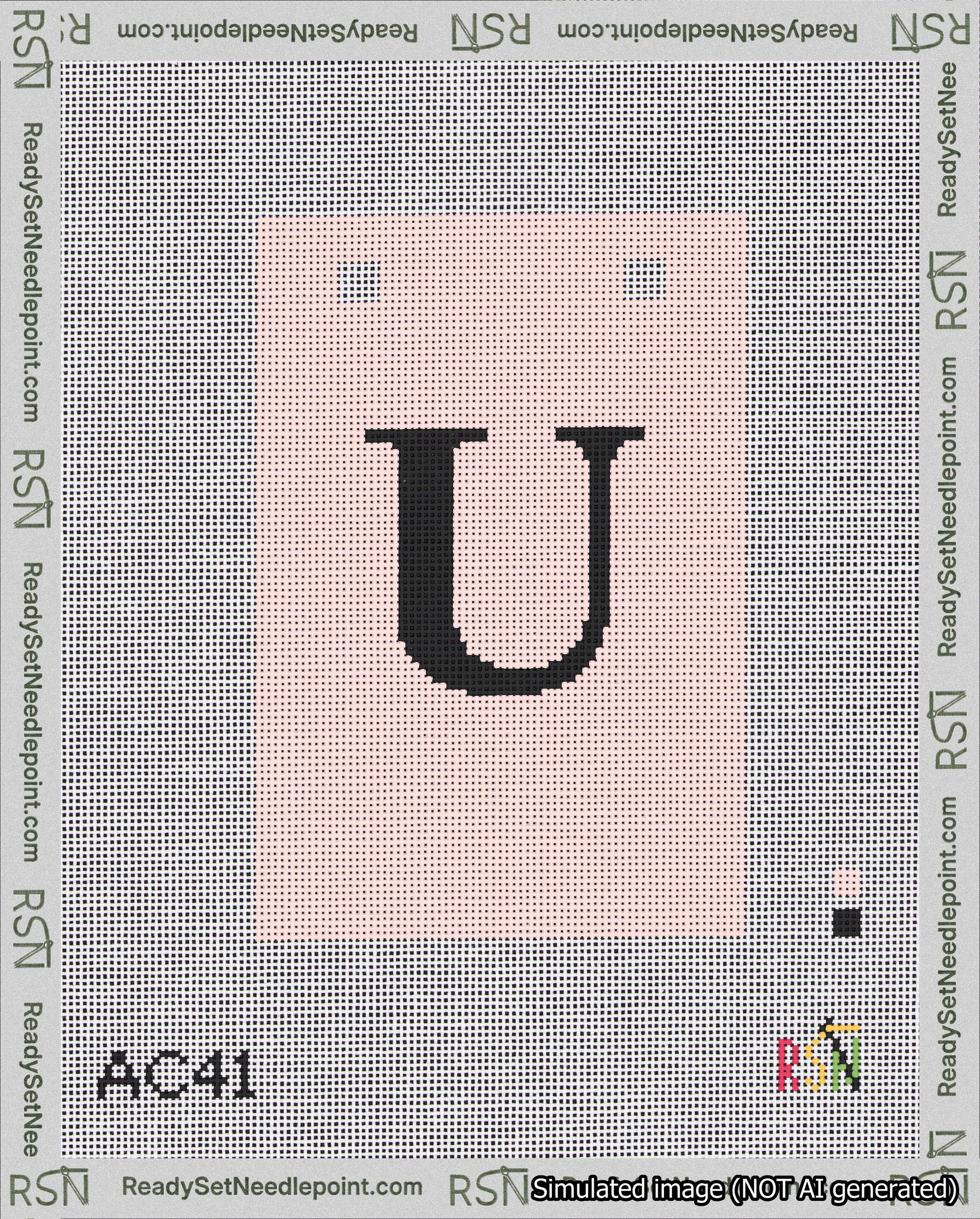 A taped needlepoint canvas with the design: Banner 18 mesh count Squared U Black on Pink.