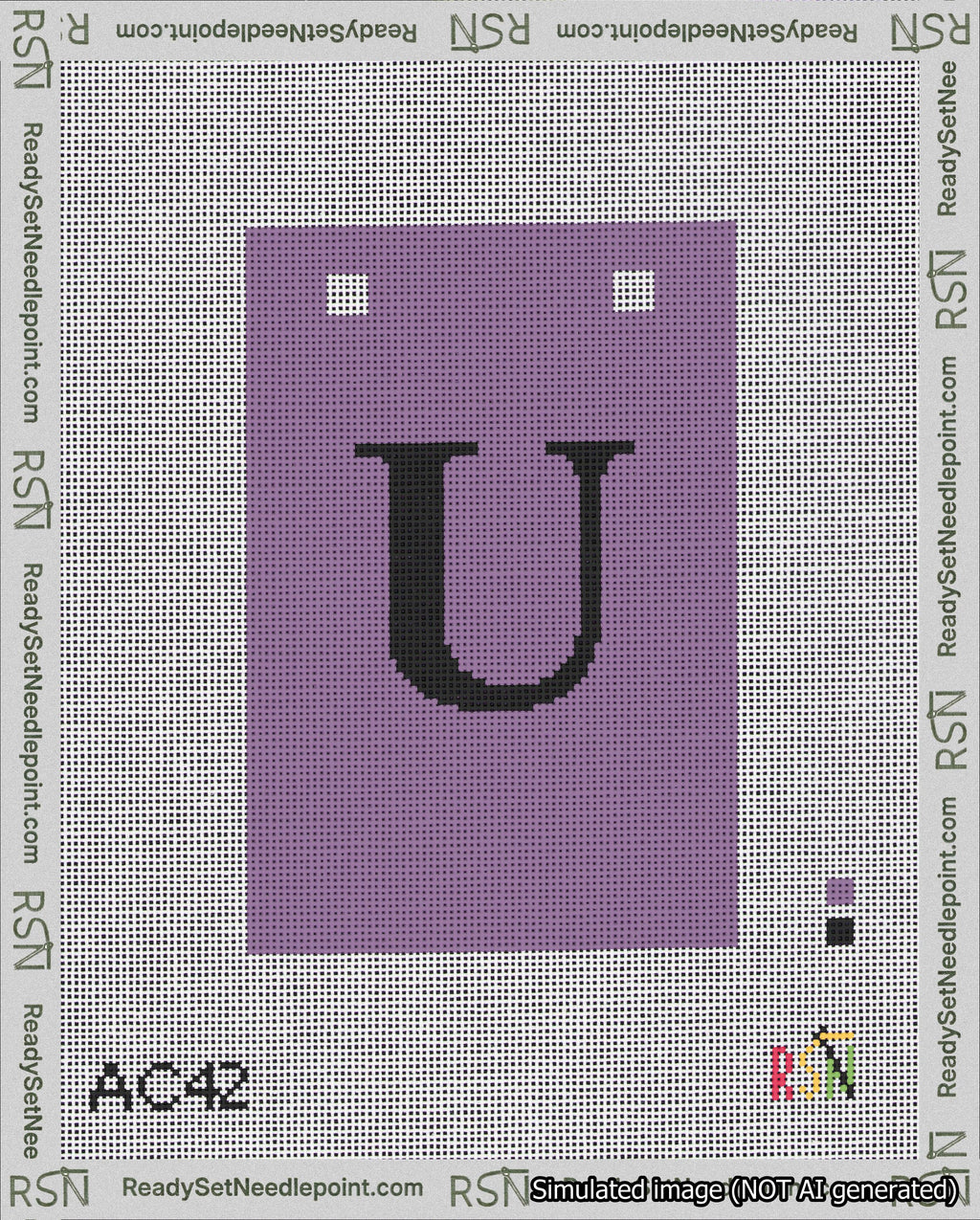 A taped needlepoint canvas with the design: Banner 18 mesh count Squared U Black on Purple.