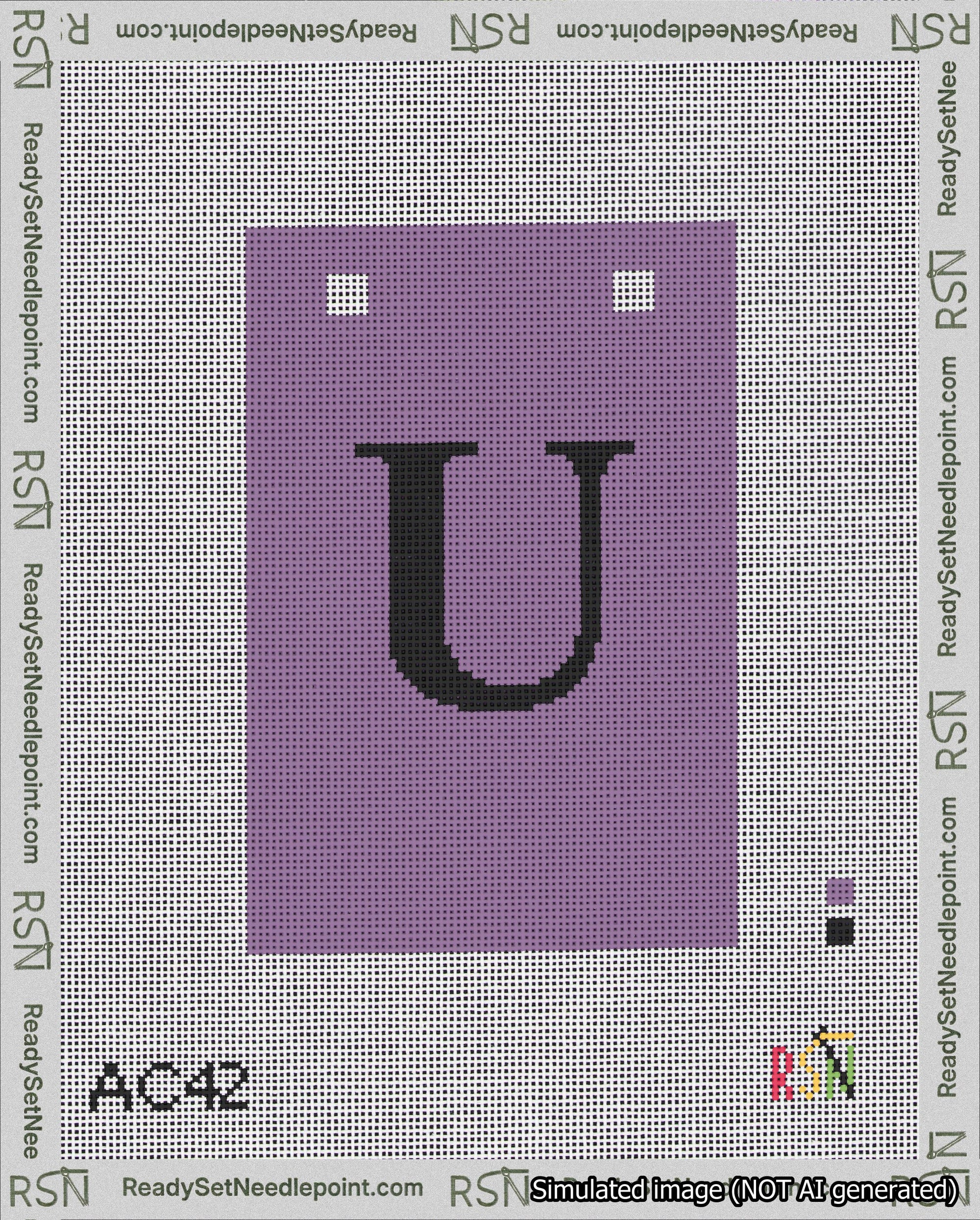 A taped needlepoint canvas with the design: Banner 18 mesh count Squared U Black on Purple.