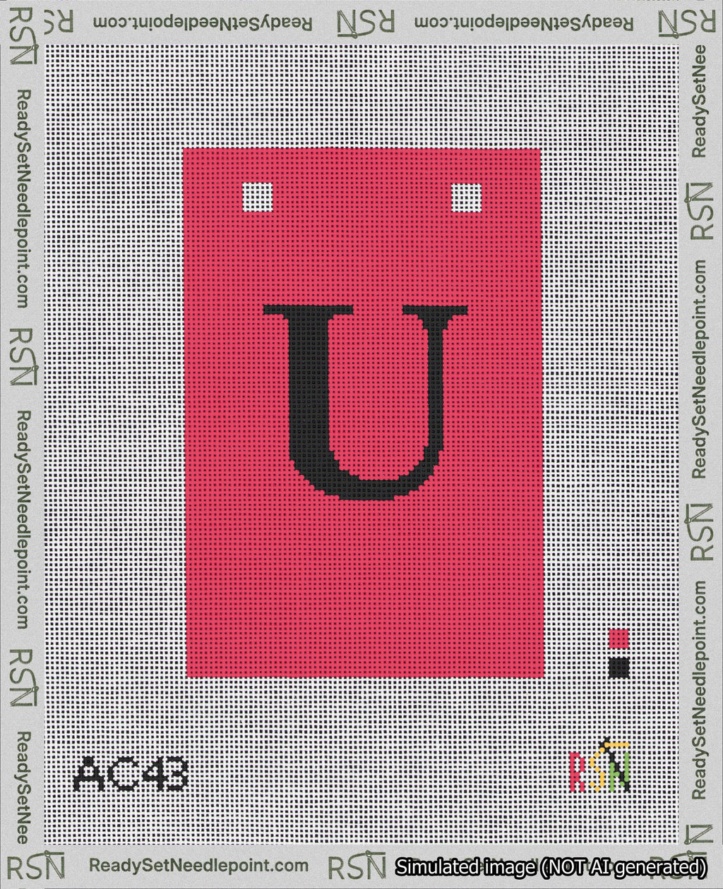 A taped needlepoint canvas with the design: Banner 18 mesh count Squared U Black on Red.
