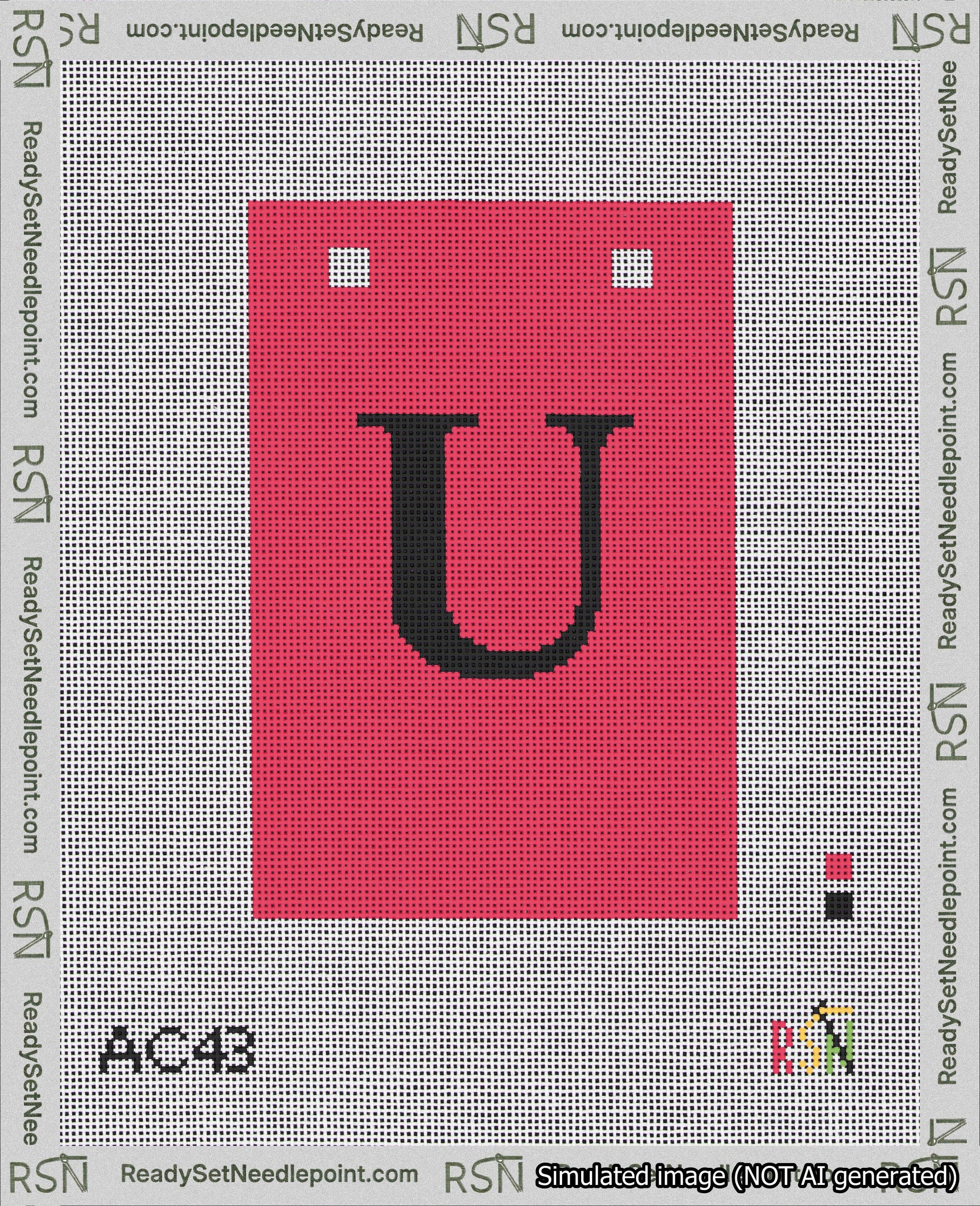 A taped needlepoint canvas with the design: Banner 18 mesh count Squared U Black on Red.