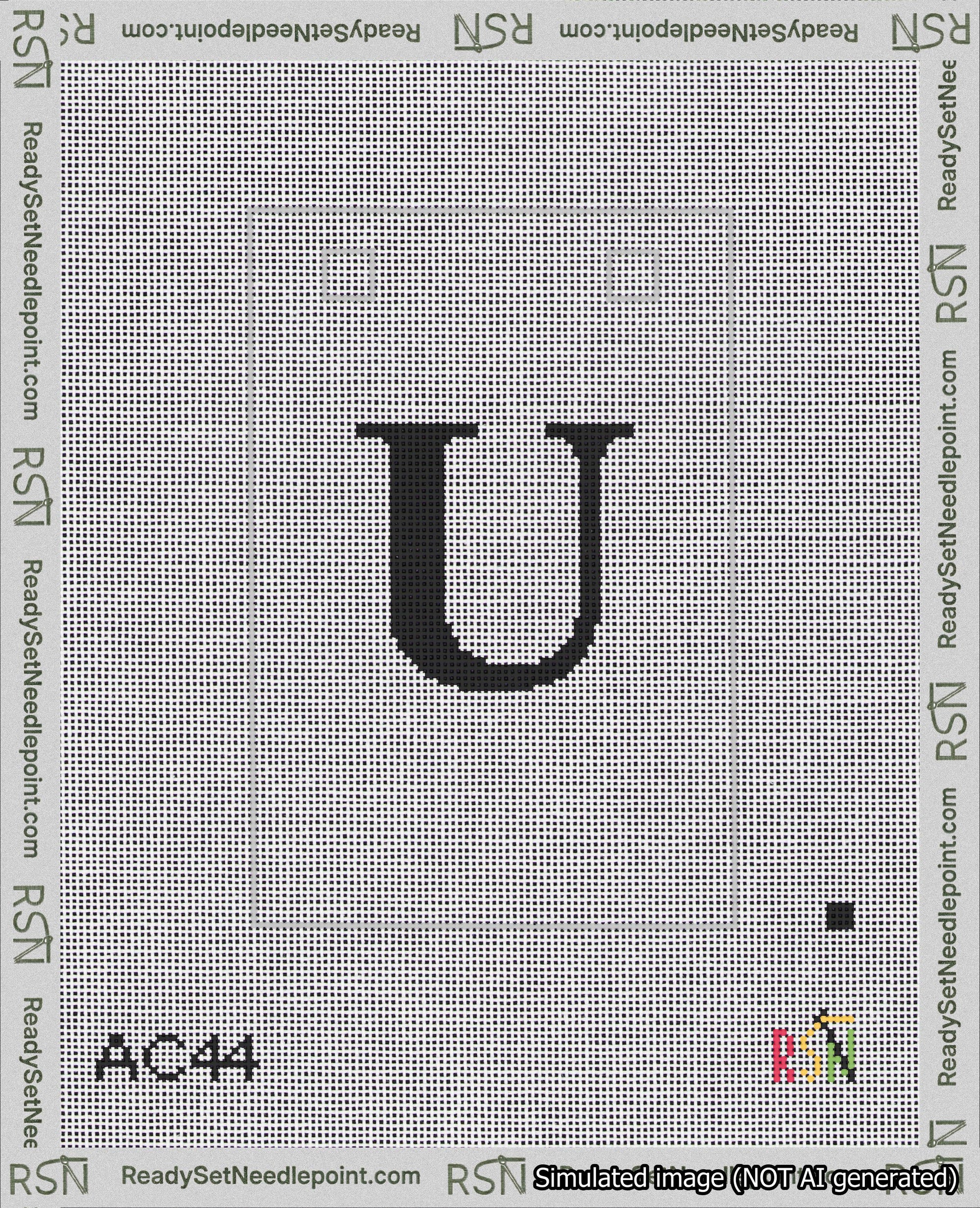 A taped needlepoint canvas with the design: Banner 18 mesh count Squared U Black on White.