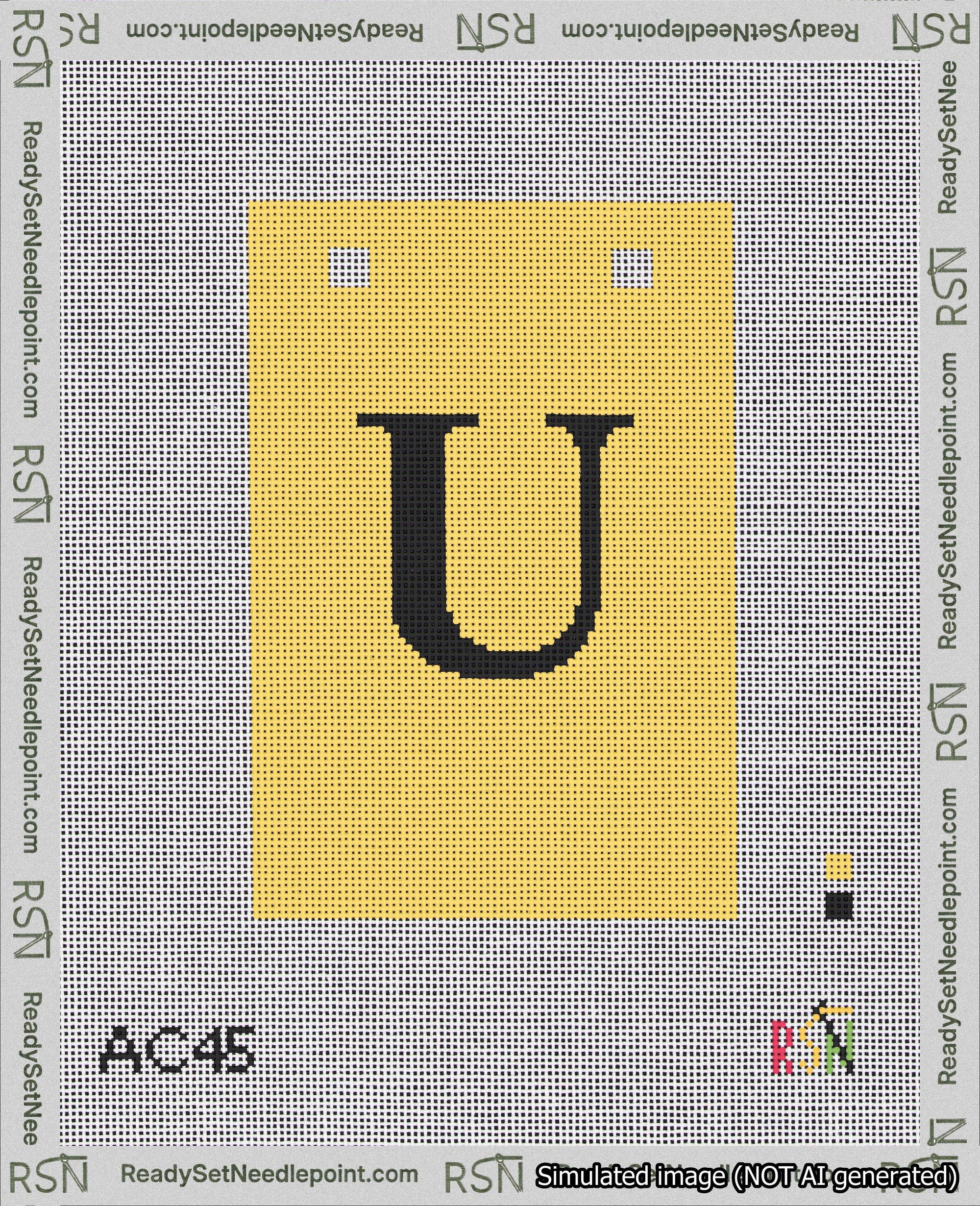 A taped needlepoint canvas with the design: Banner 18 mesh count Squared U Black on Yellow.