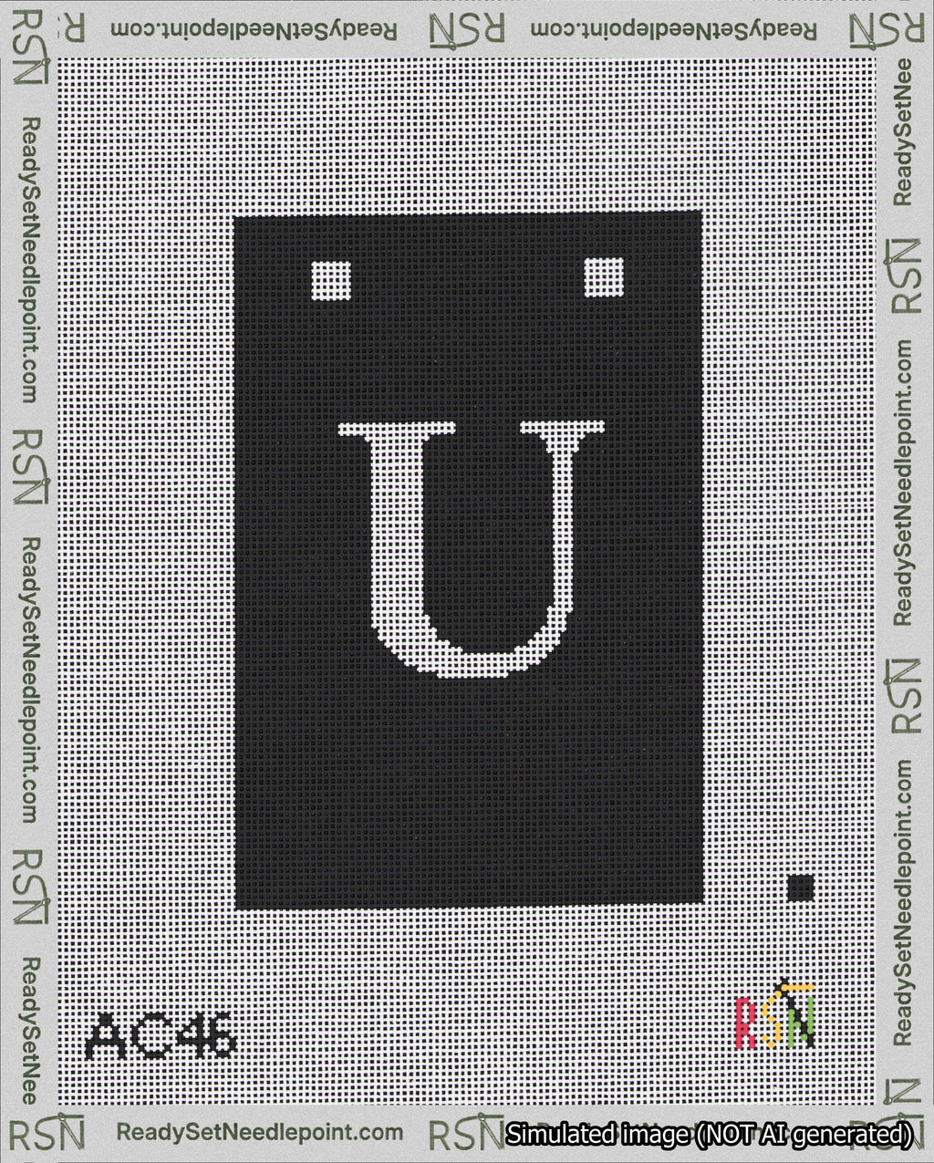 A taped needlepoint canvas with the design: Banner 18 mesh count Squared U White on Black.
