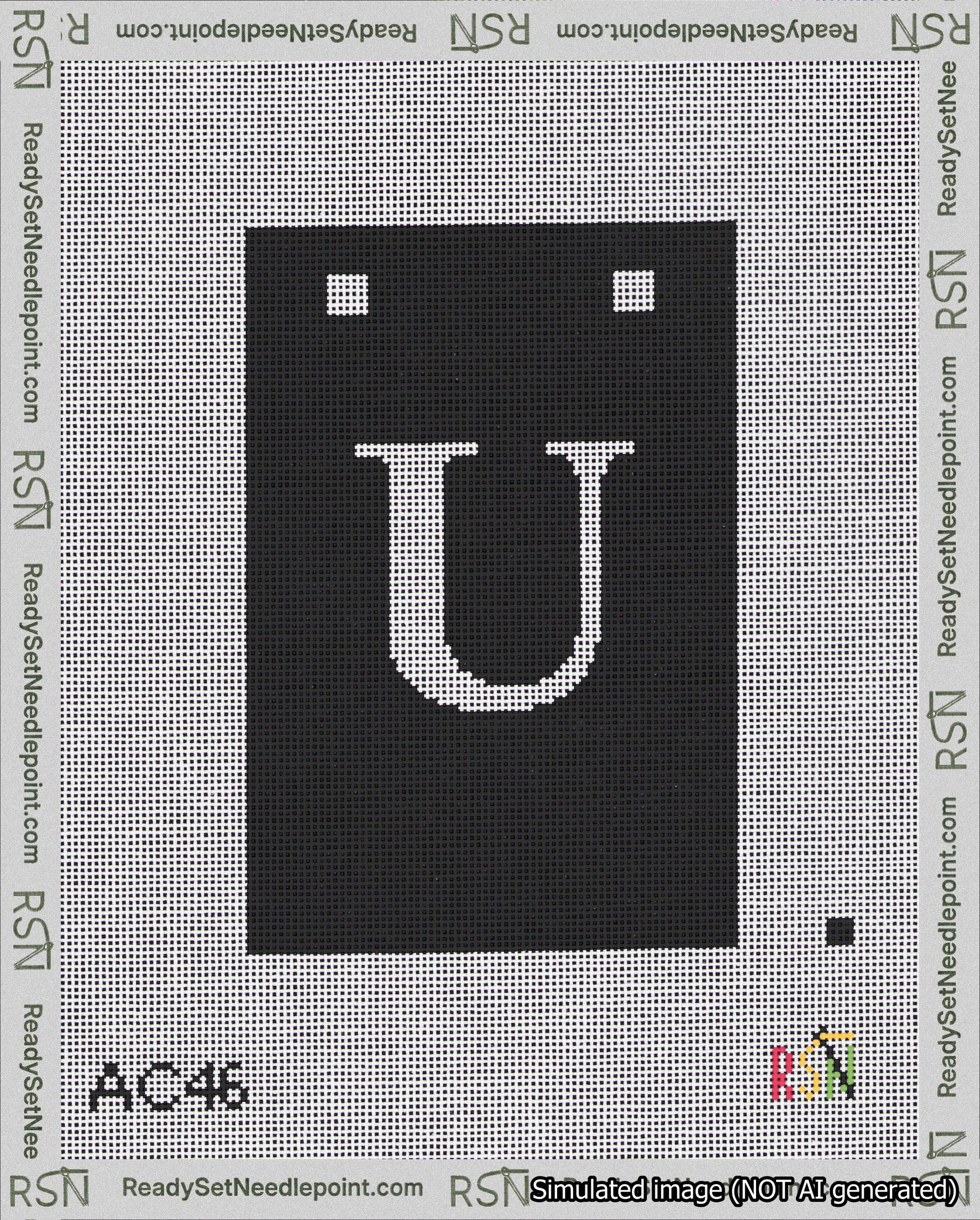 A taped needlepoint canvas with the design: Banner 18 mesh count Squared U White on Black.