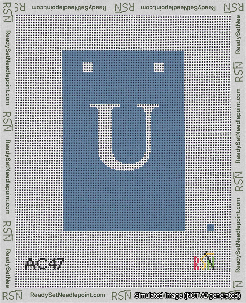 A taped needlepoint canvas with the design: Banner 18 mesh count Squared U White on Blue.