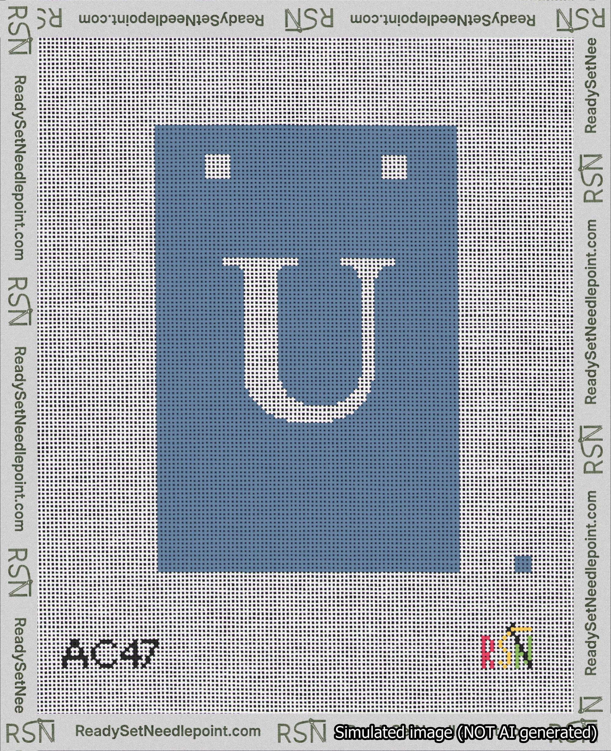 A taped needlepoint canvas with the design: Banner 18 mesh count Squared U White on Blue.