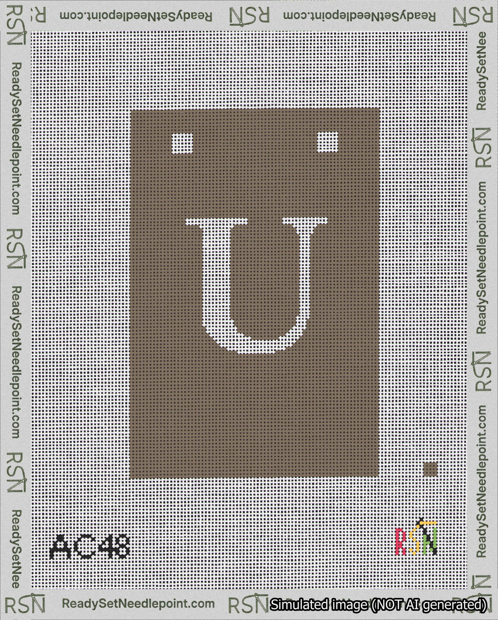 A taped needlepoint canvas with the design: Banner 18 mesh count Squared U White on Brown.