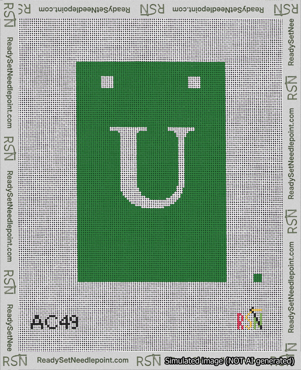 A taped needlepoint canvas with the design: Banner 18 mesh count Squared U White on Green.