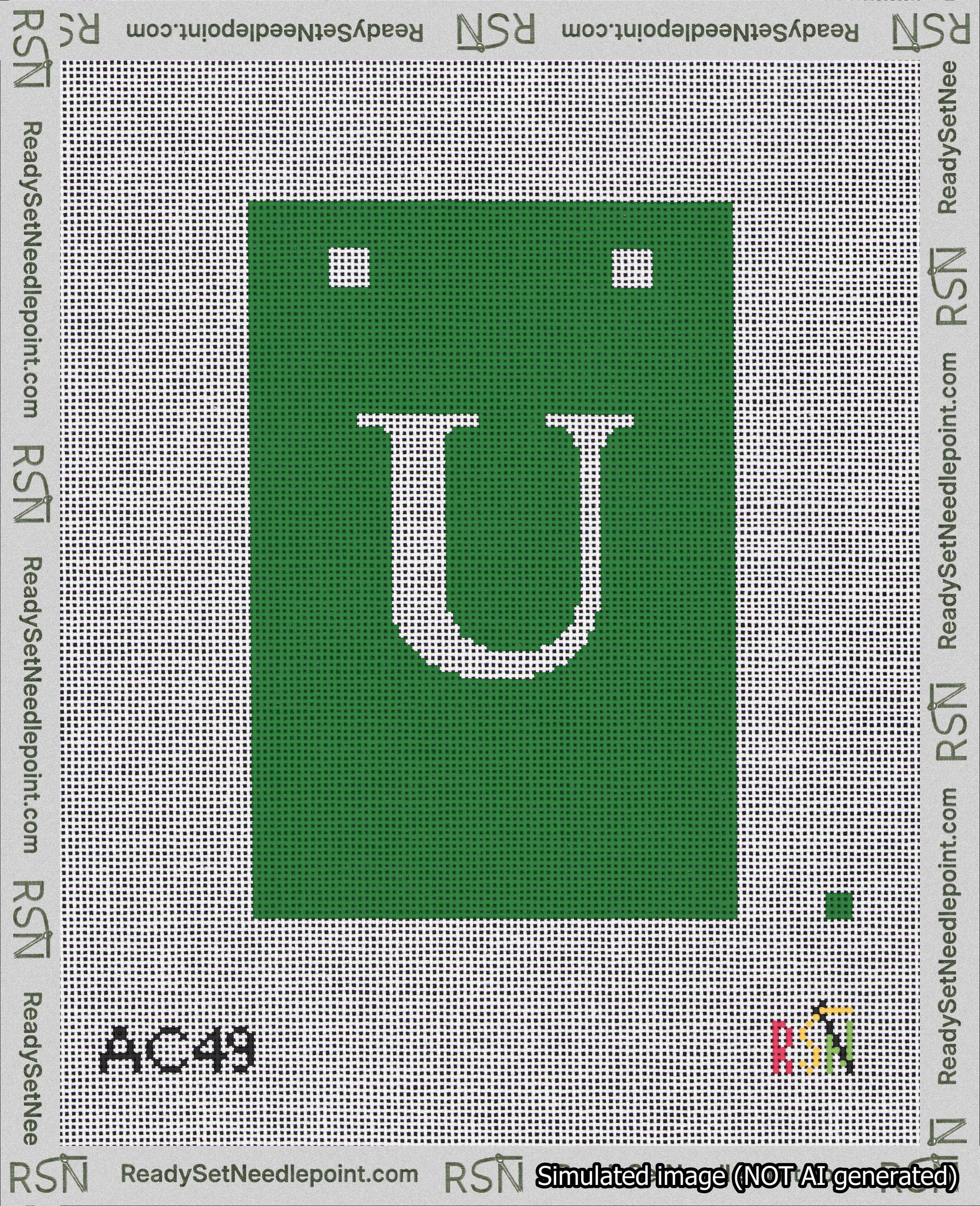 A taped needlepoint canvas with the design: Banner 18 mesh count Squared U White on Green.