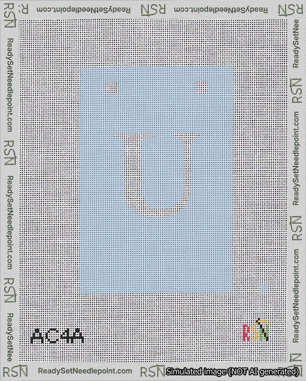 A taped needlepoint canvas with the design: Banner 18 mesh count Squared U White on Light Blue.