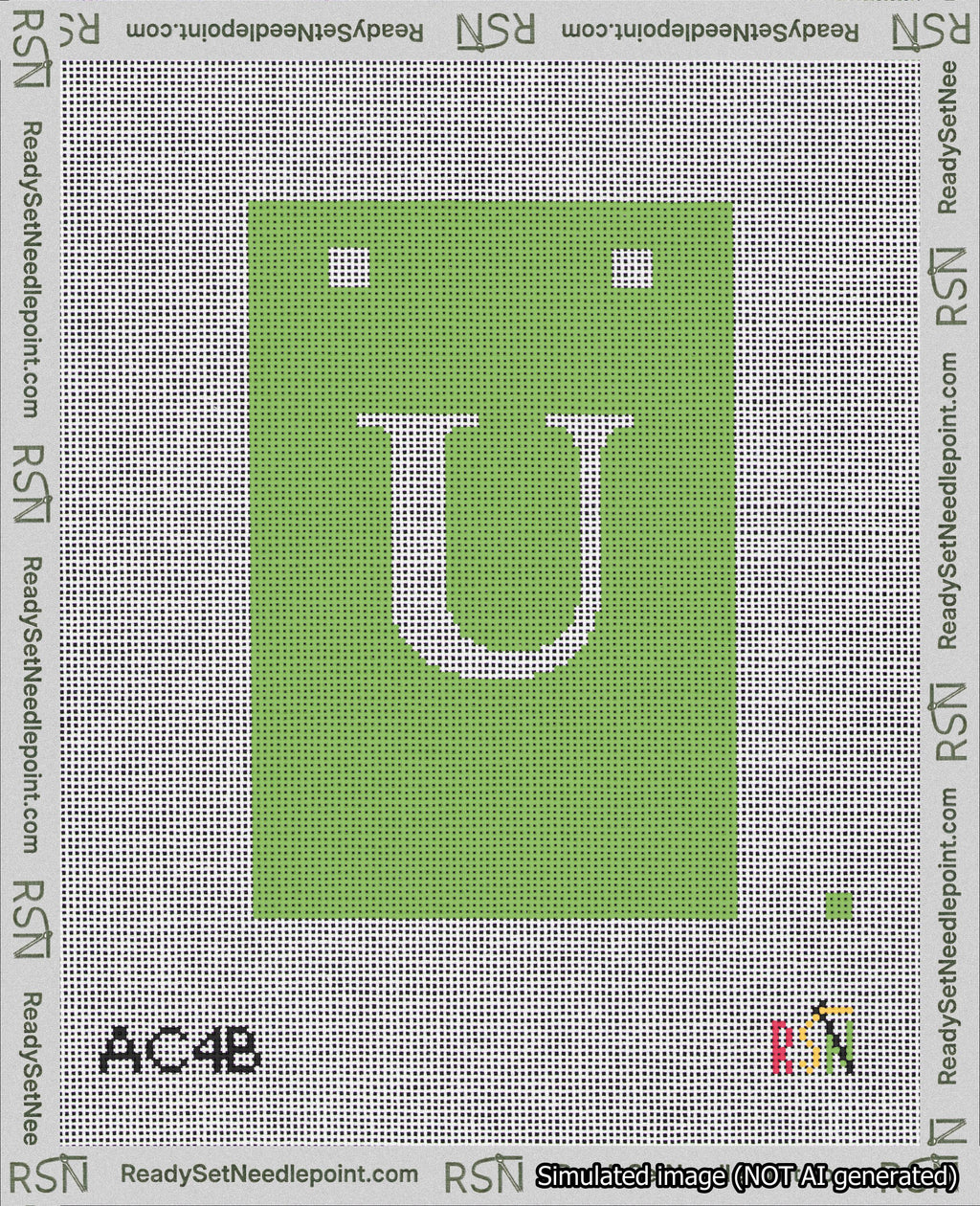 A taped needlepoint canvas with the design: Banner 18 mesh count Squared U White on Light Green.