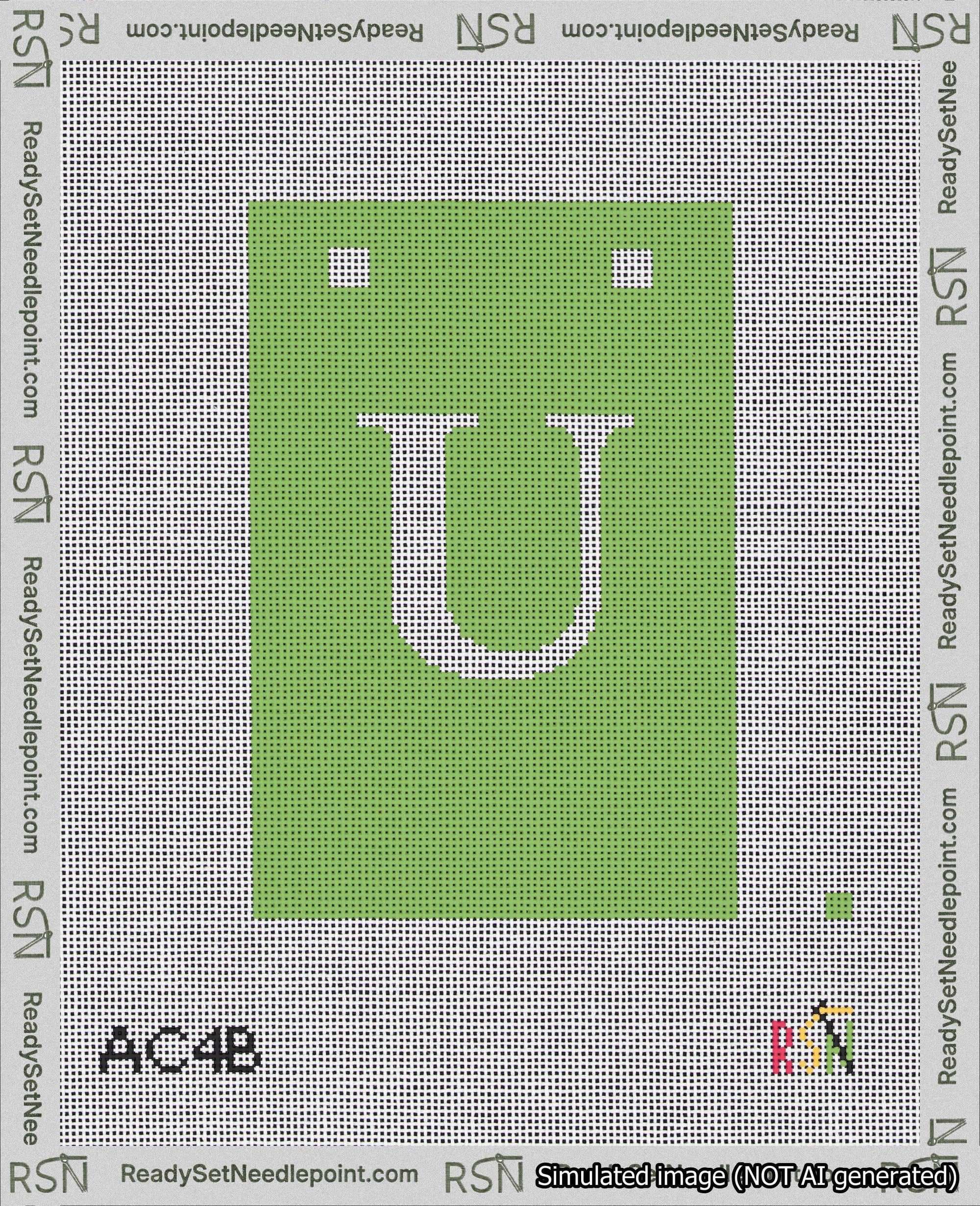 A taped needlepoint canvas with the design: Banner 18 mesh count Squared U White on Light Green.