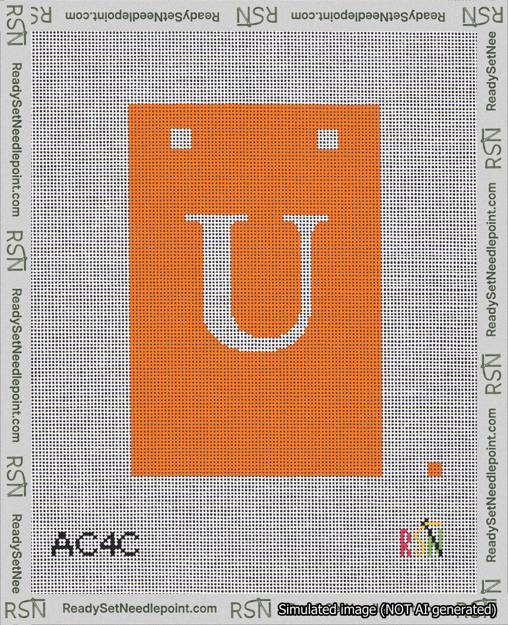 A taped needlepoint canvas with the design: Banner 18 mesh count Squared U White on Orange.