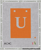 A taped needlepoint canvas with the design: Banner 18 mesh count Squared U White on Orange.
