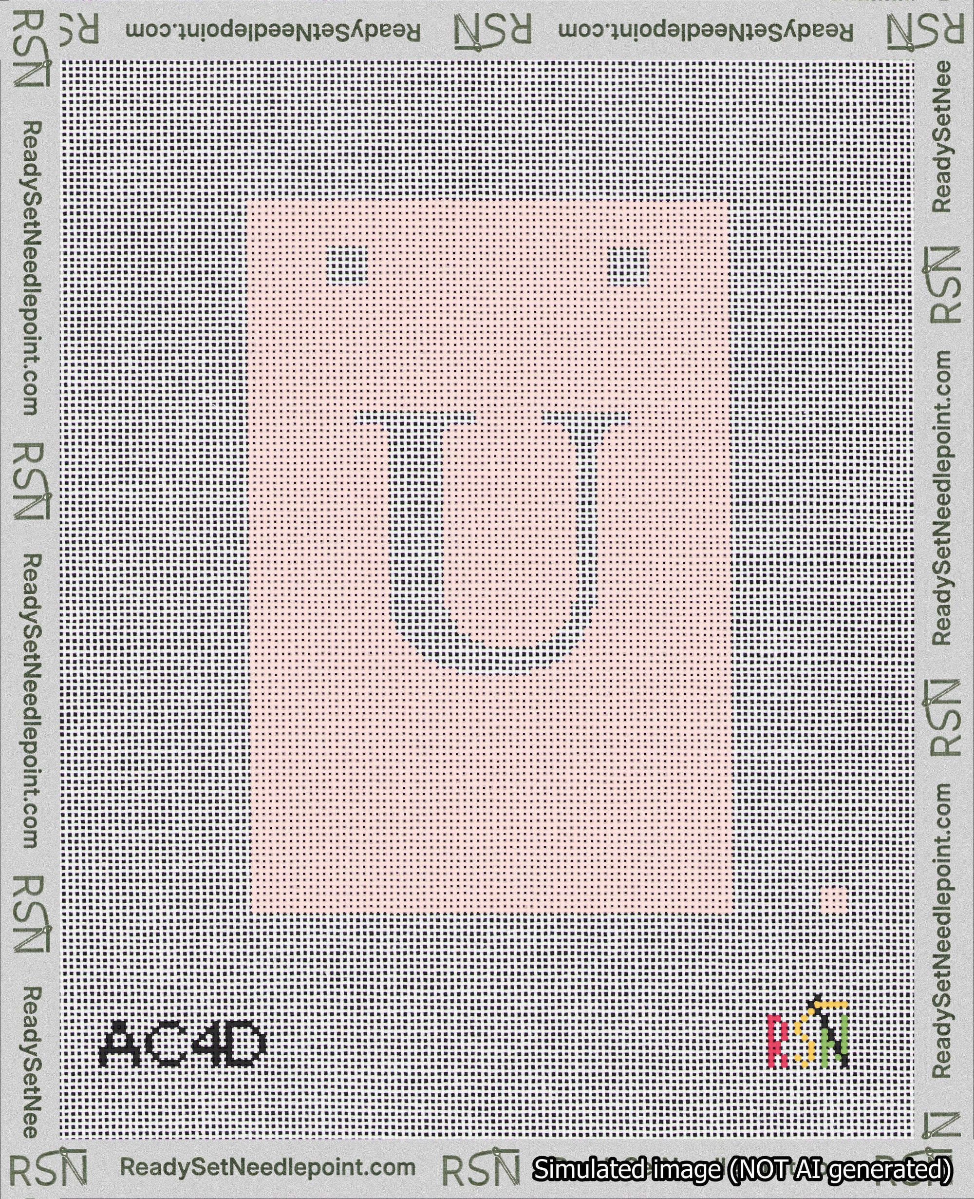 A taped needlepoint canvas with the design: Banner 18 mesh count Squared U White on Pink.