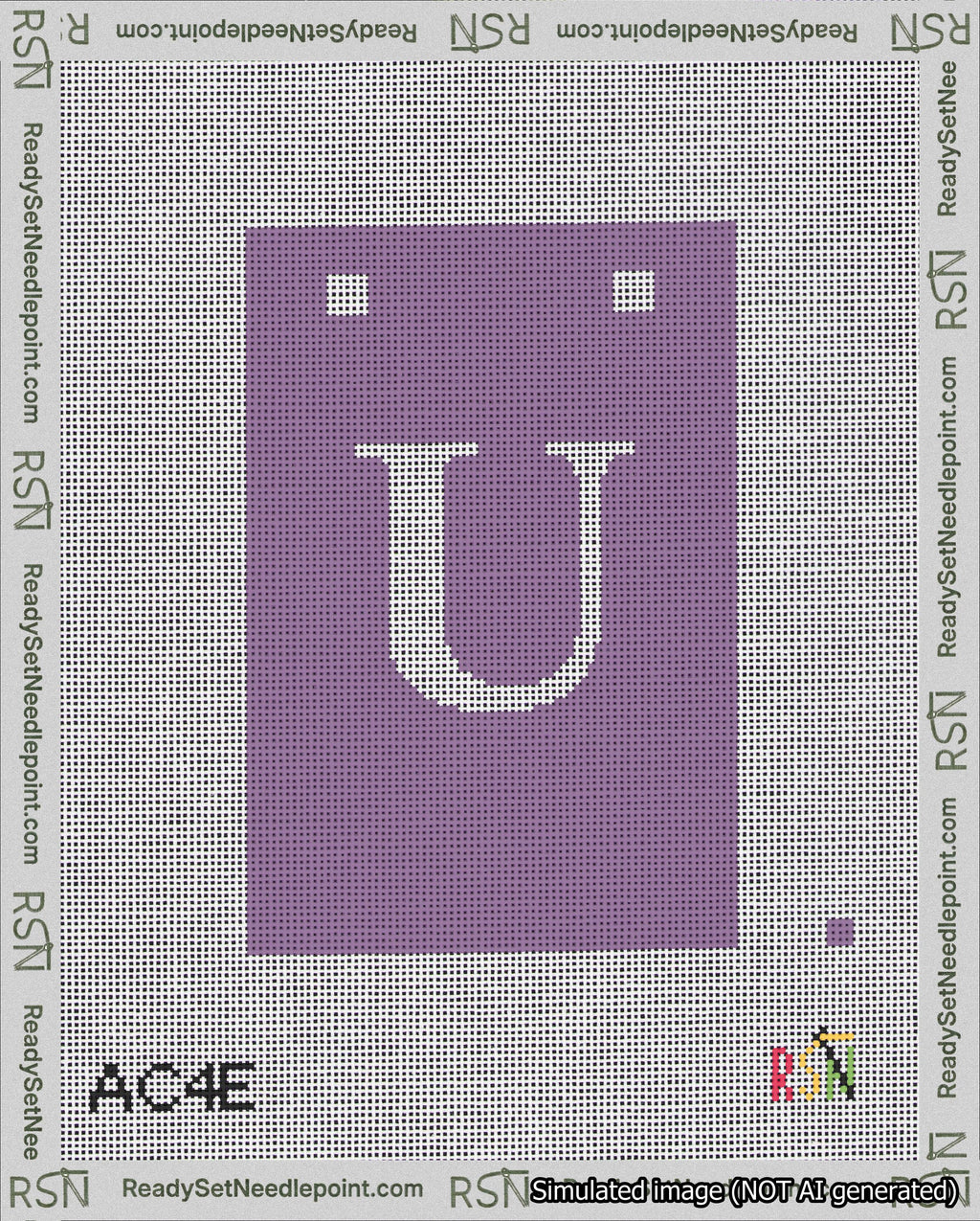 A taped needlepoint canvas with the design: Banner 18 mesh count Squared U White on Purple.