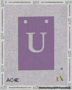 A taped needlepoint canvas with the design: Banner 18 mesh count Squared U White on Purple.