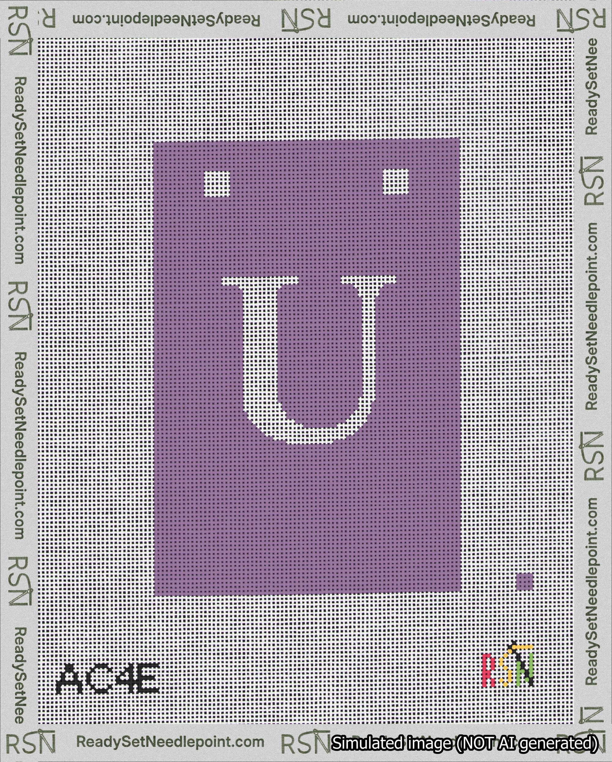 A taped needlepoint canvas with the design: Banner 18 mesh count Squared U White on Purple.
