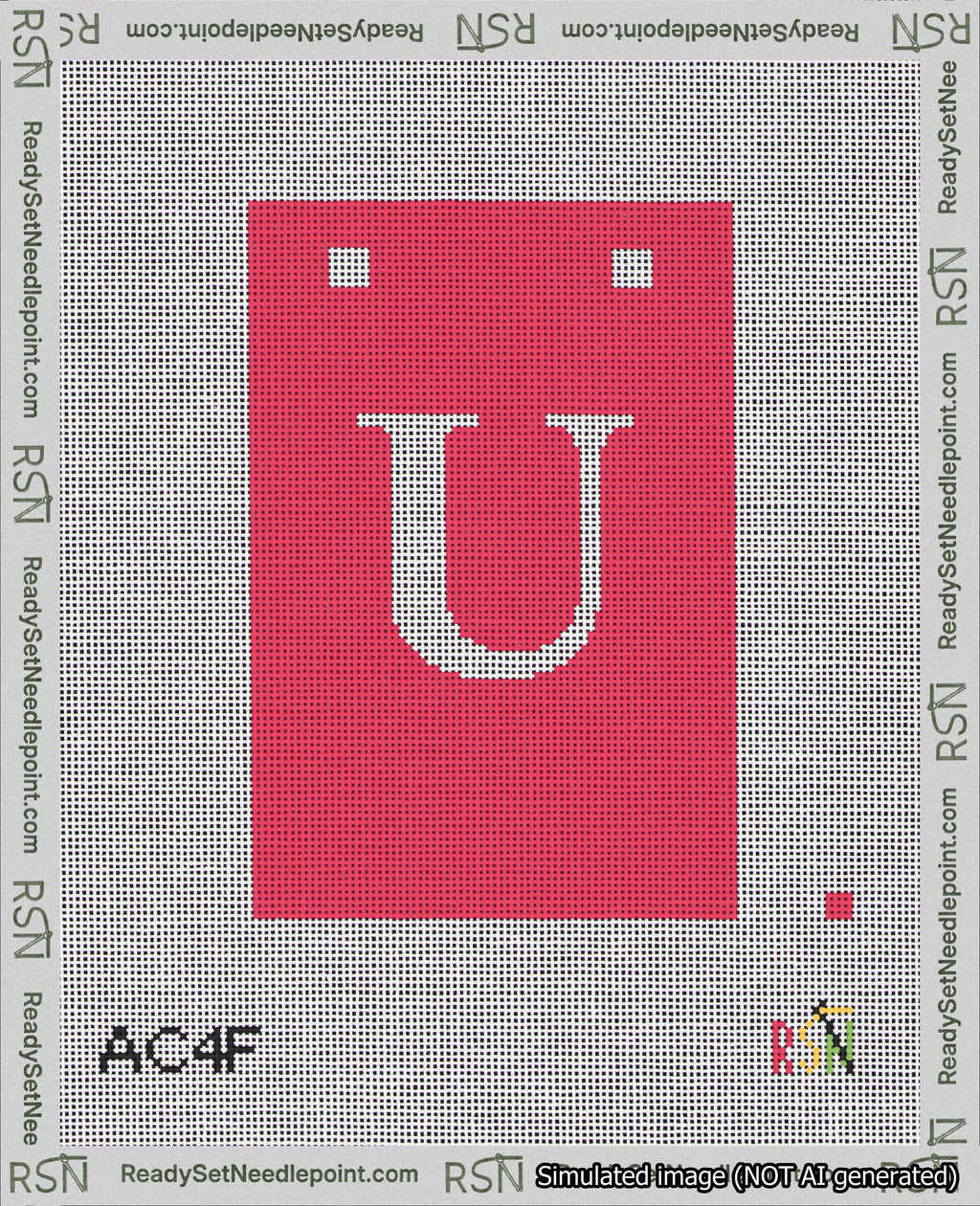 A taped needlepoint canvas with the design: Banner 18 mesh count Squared U White on Red.