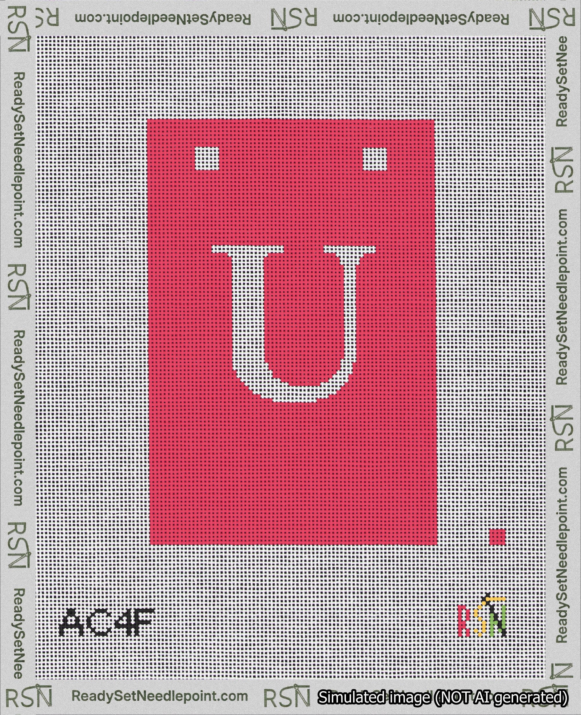 A taped needlepoint canvas with the design: Banner 18 mesh count Squared U White on Red.