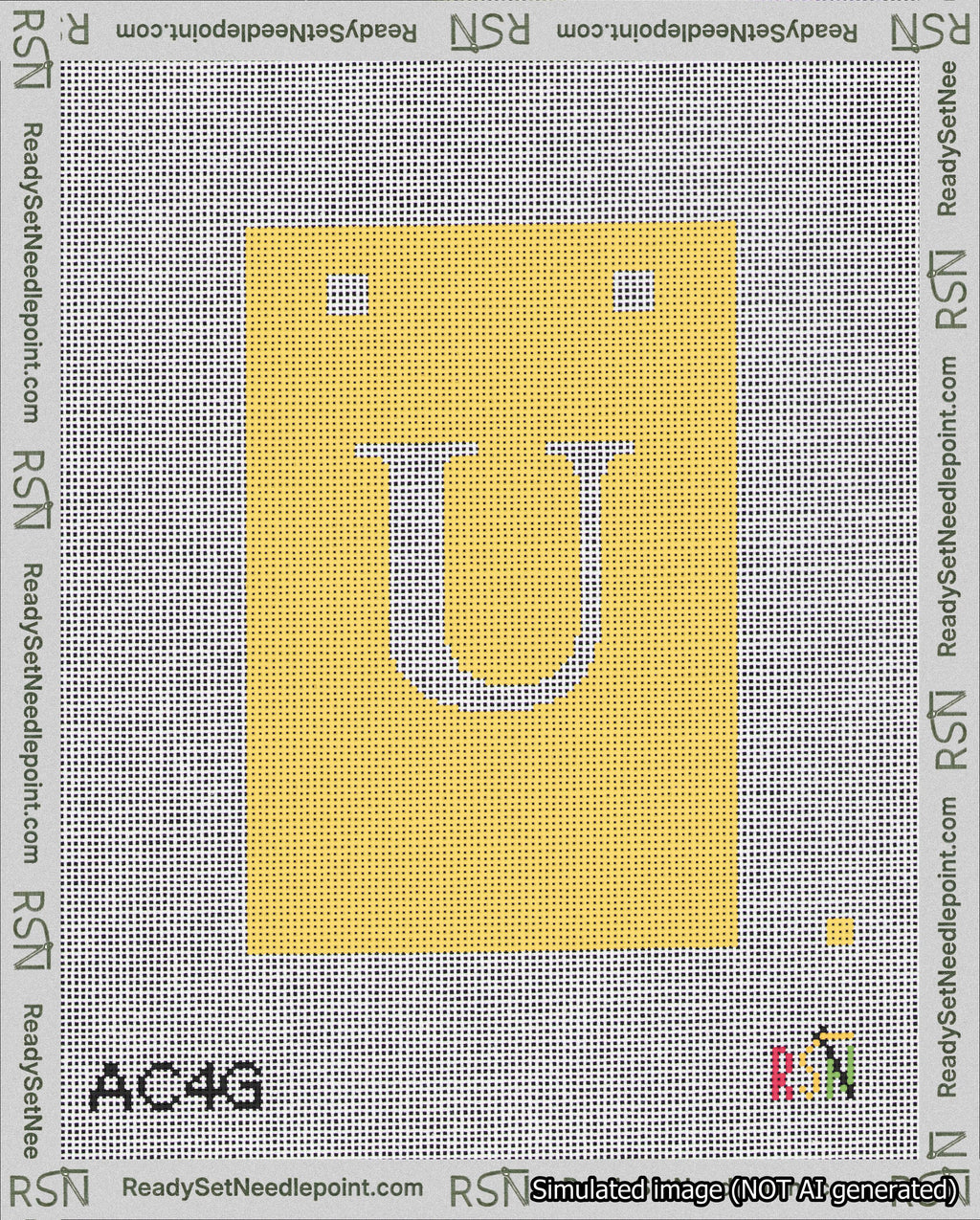 A taped needlepoint canvas with the design: Banner 18 mesh count Squared U White on Yellow.