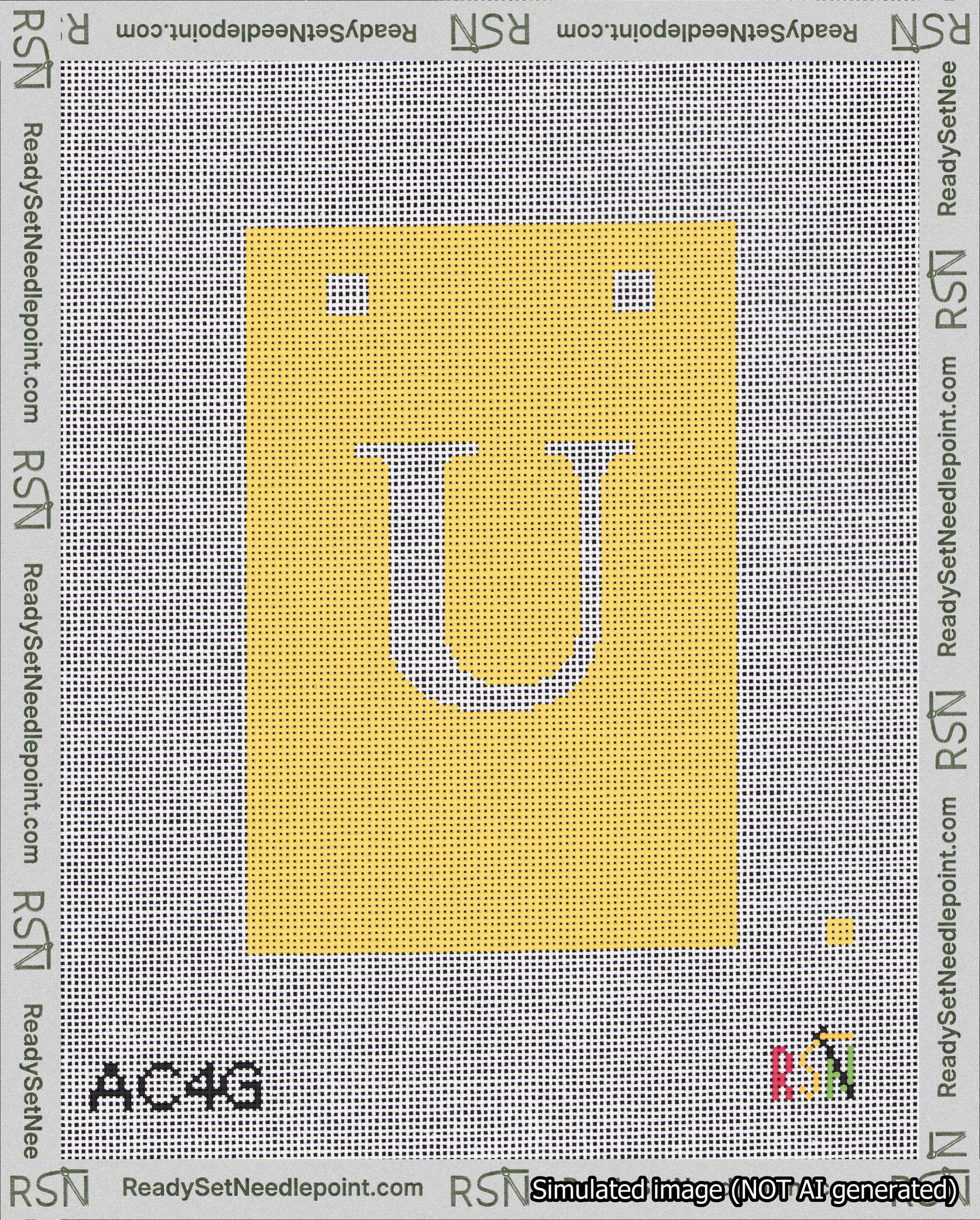 A taped needlepoint canvas with the design: Banner 18 mesh count Squared U White on Yellow.