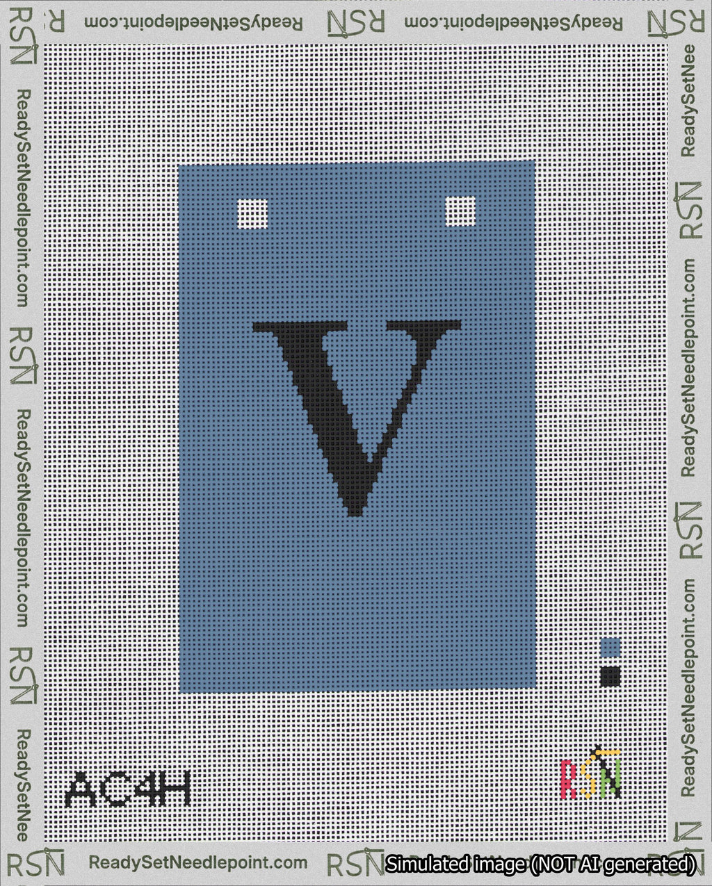 A taped needlepoint canvas with the design: Banner 18 mesh count Squared V Black on Blue.