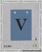 A taped needlepoint canvas with the design: Banner 18 mesh count Squared V Black on Blue.