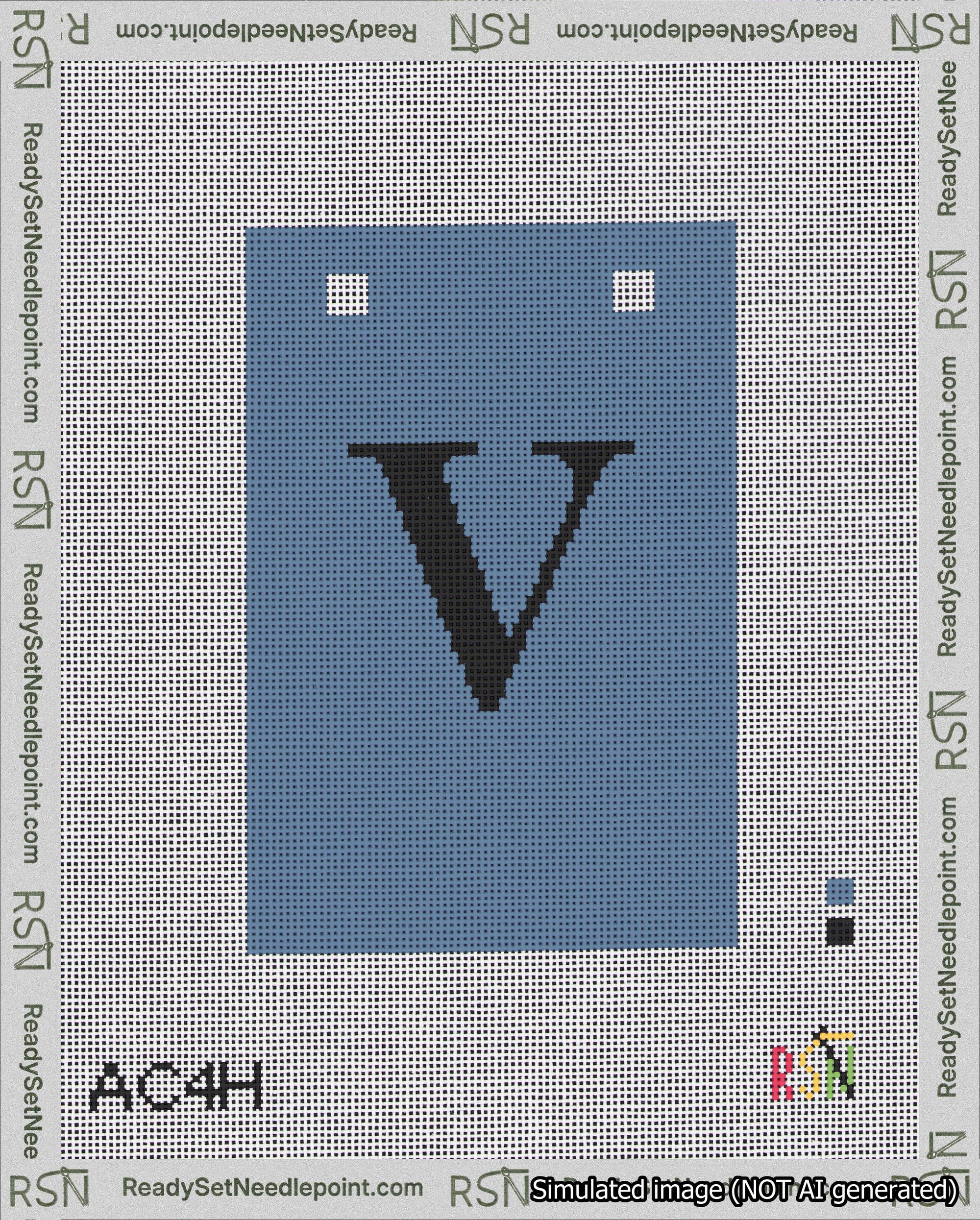A taped needlepoint canvas with the design: Banner 18 mesh count Squared V Black on Blue.