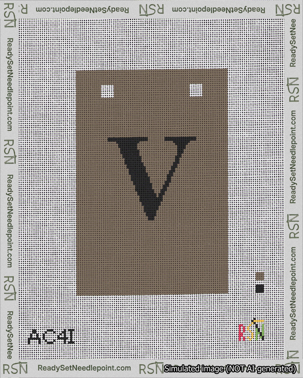 A taped needlepoint canvas with the design: Banner 18 mesh count Squared V Black on Brown.