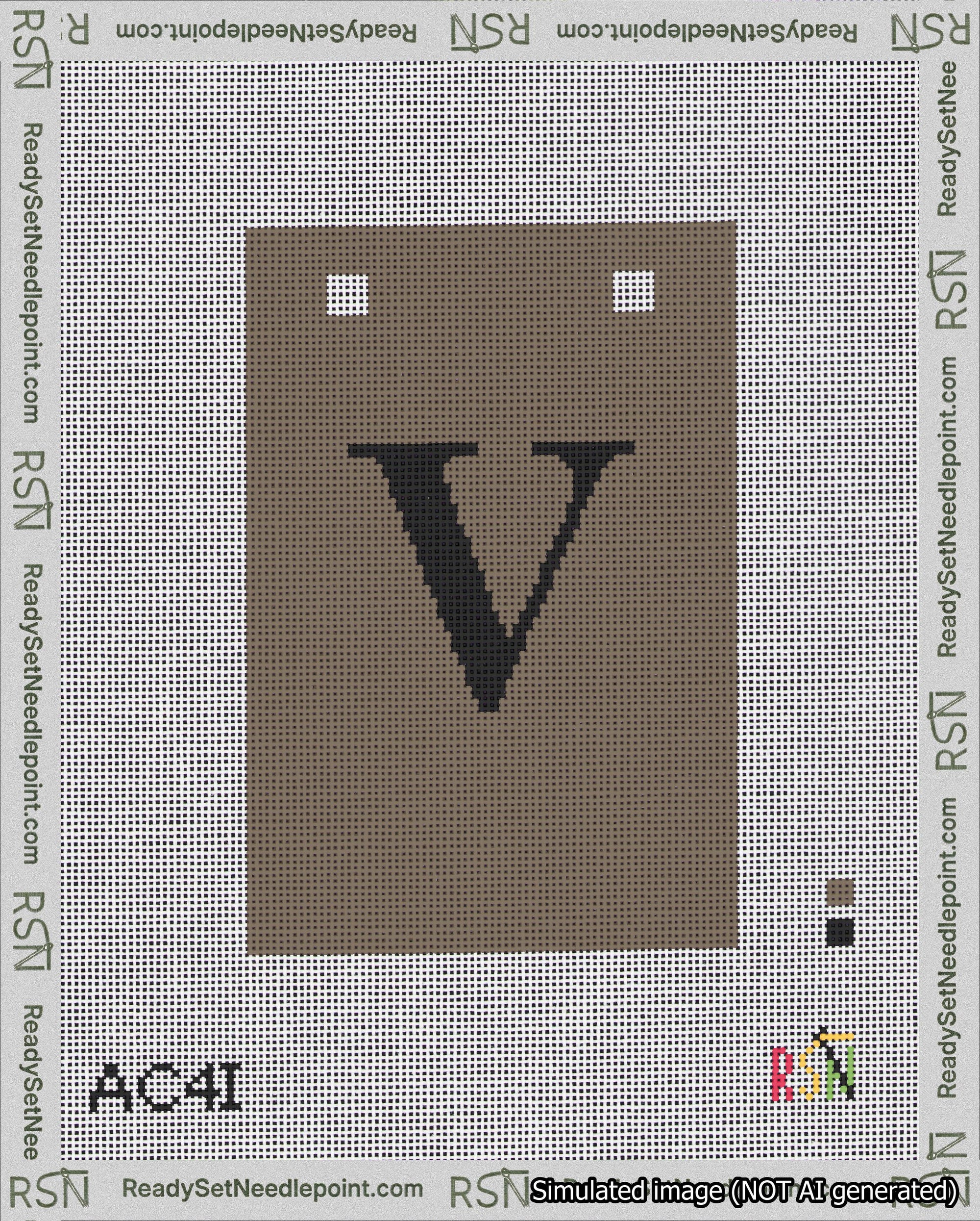 A taped needlepoint canvas with the design: Banner 18 mesh count Squared V Black on Brown.
