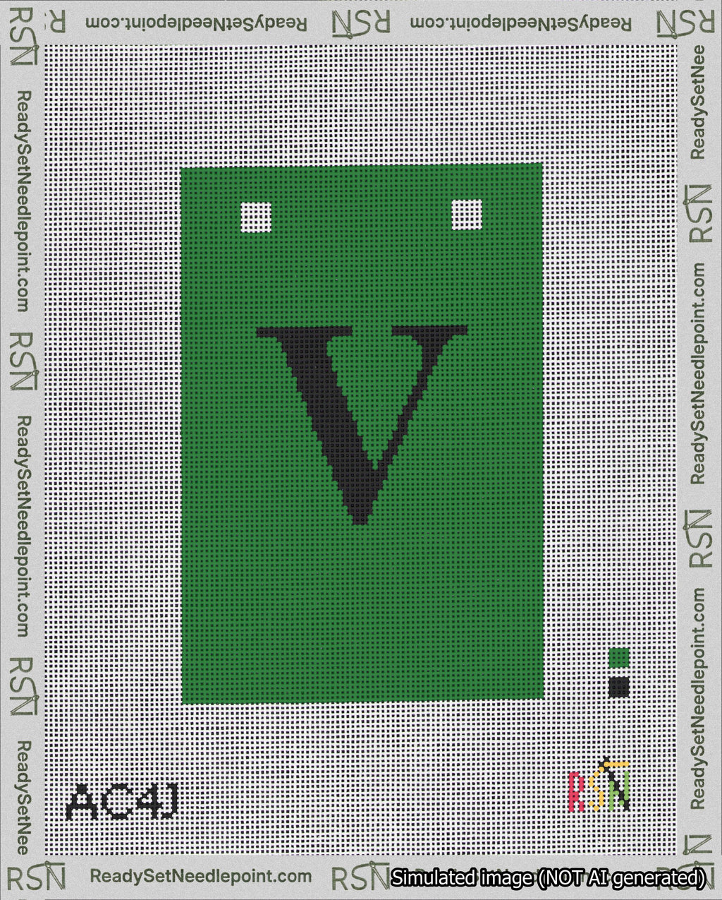 A taped needlepoint canvas with the design: Banner 18 mesh count Squared V Black on Green.