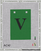 A taped needlepoint canvas with the design: Banner 18 mesh count Squared V Black on Green.