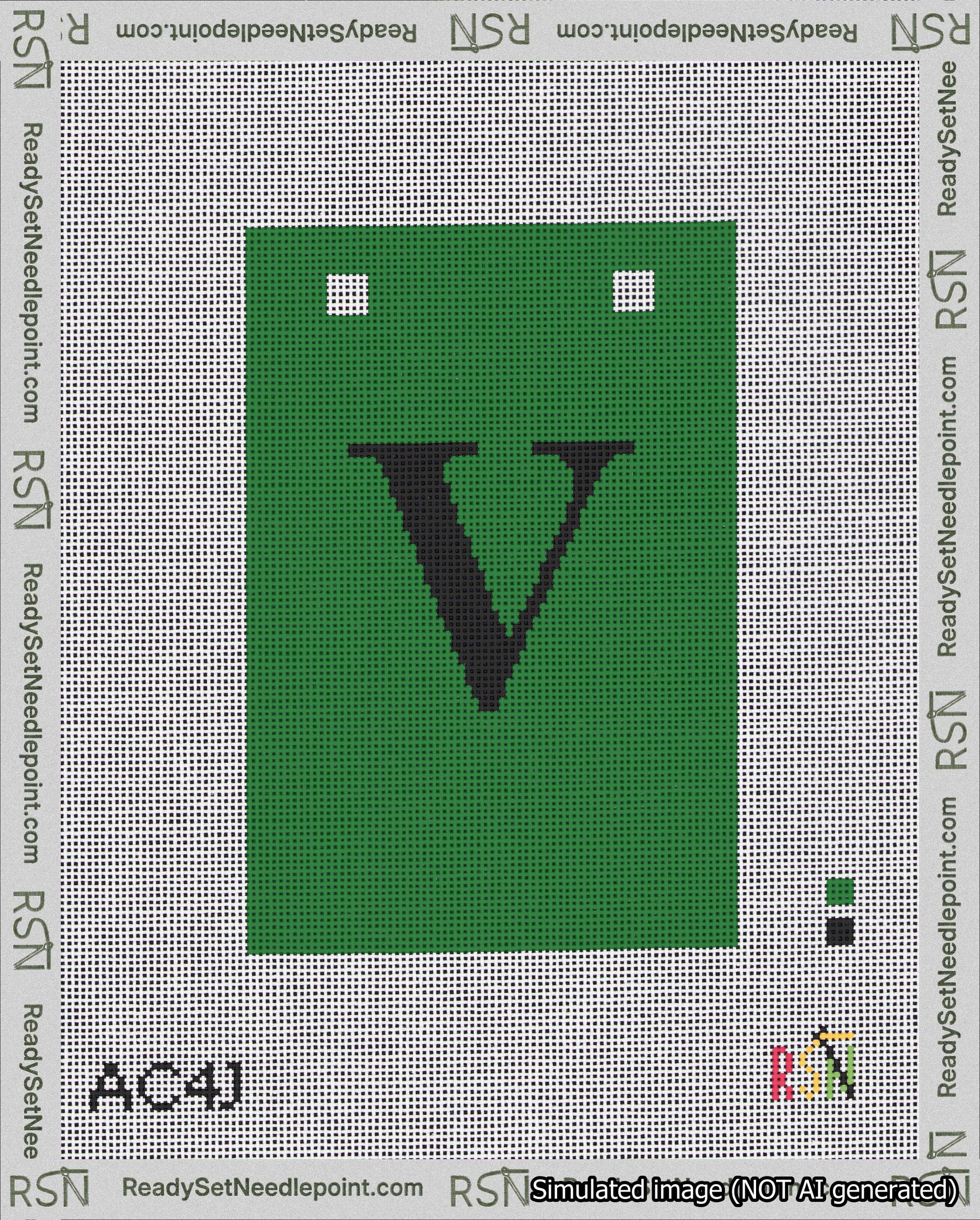 A taped needlepoint canvas with the design: Banner 18 mesh count Squared V Black on Green.