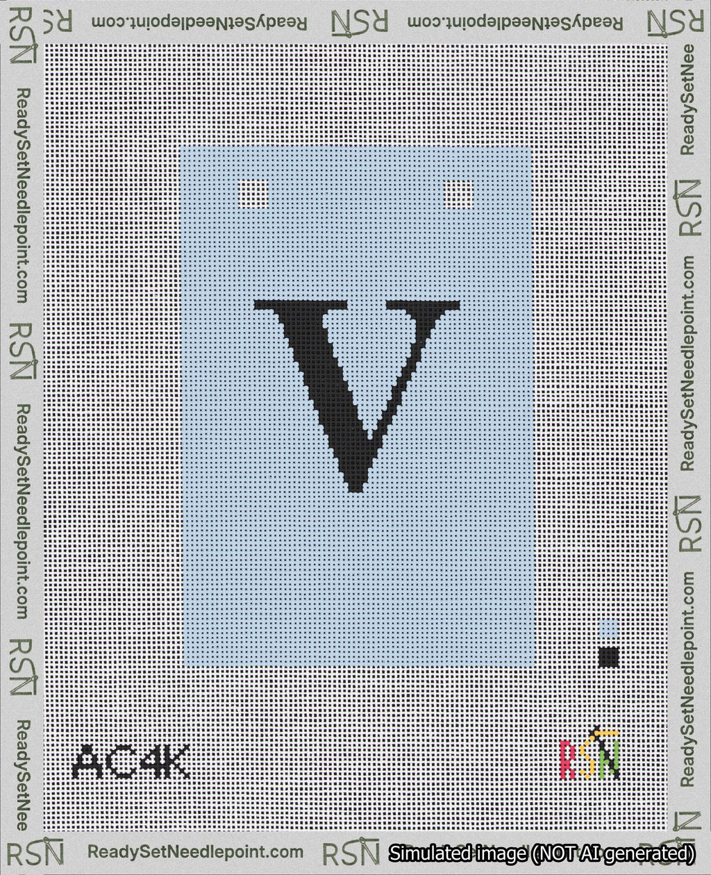 A taped needlepoint canvas with the design: Banner 18 mesh count Squared V Black on Light Blue.
