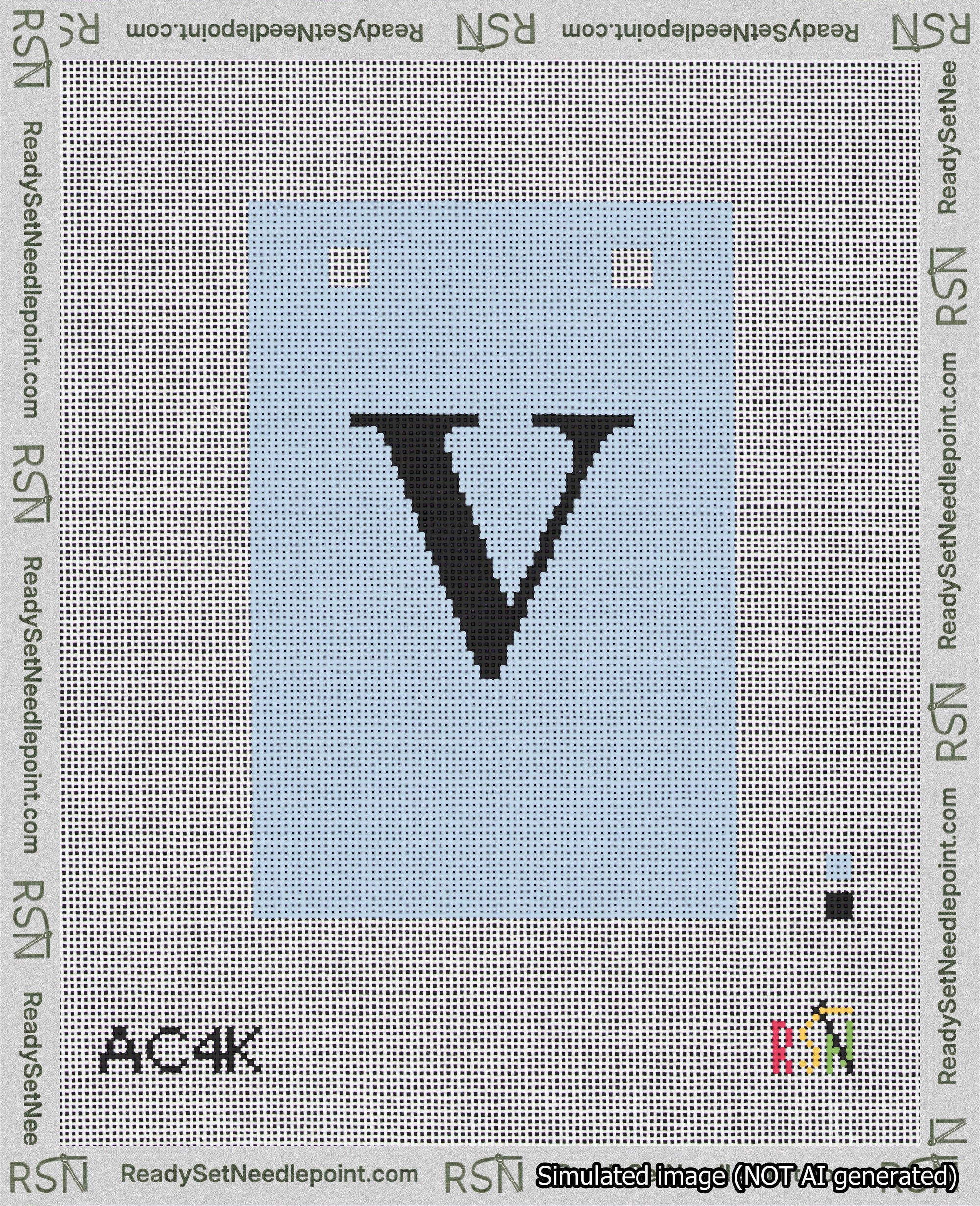 A taped needlepoint canvas with the design: Banner 18 mesh count Squared V Black on Light Blue.