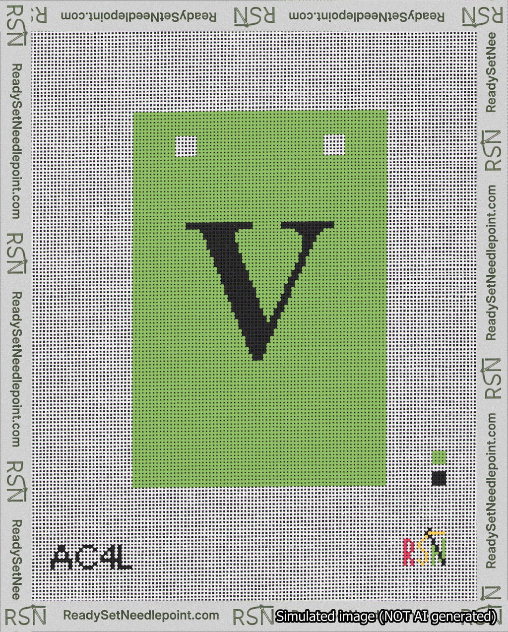 A taped needlepoint canvas with the design: Banner 18 mesh count Squared V Black on Light Green.