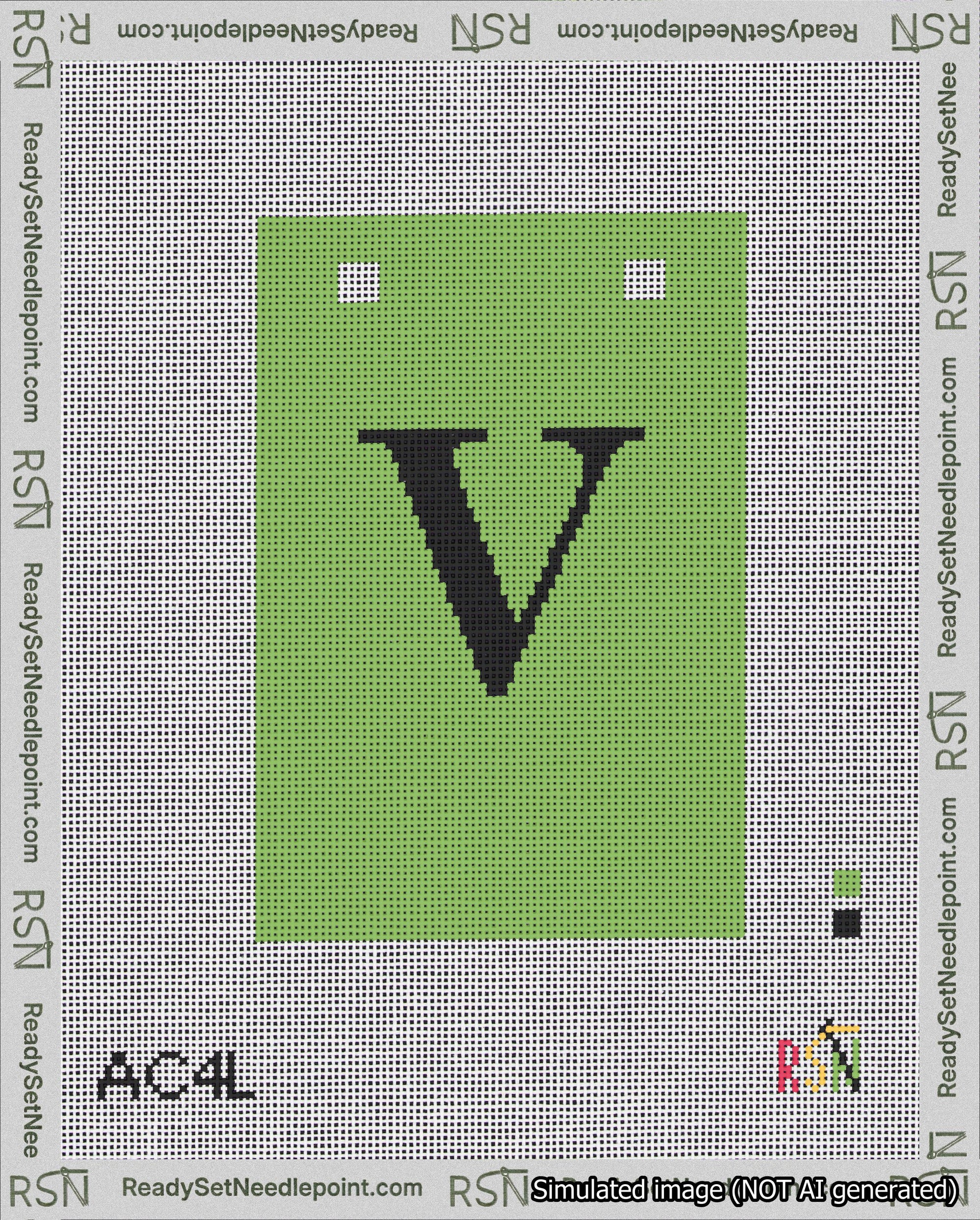 A taped needlepoint canvas with the design: Banner 18 mesh count Squared V Black on Light Green.