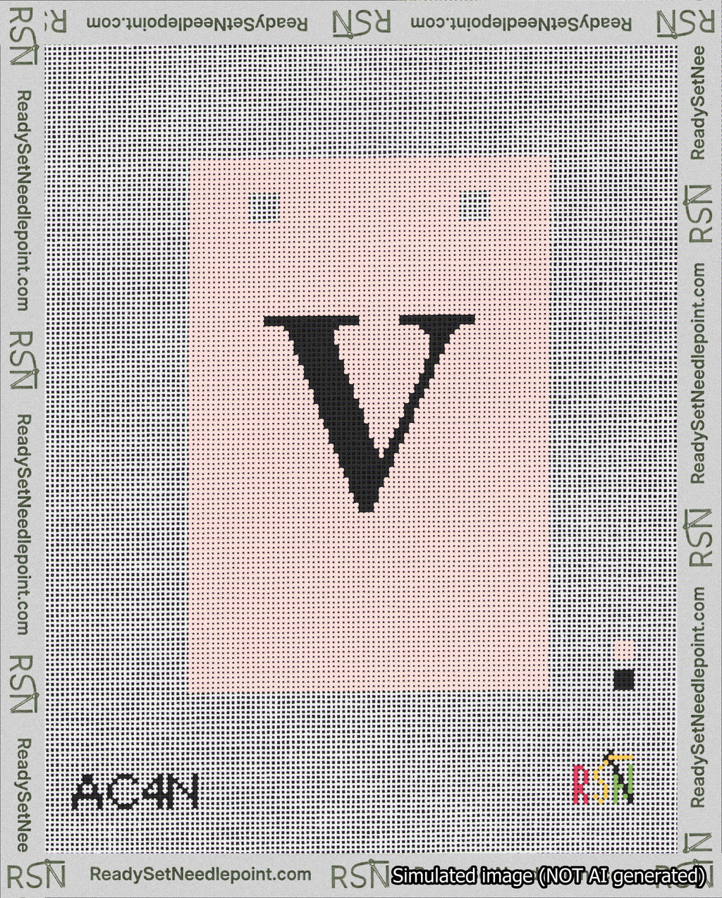 A taped needlepoint canvas with the design: Banner 18 mesh count Squared V Black on Pink.