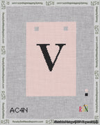 A taped needlepoint canvas with the design: Banner 18 mesh count Squared V Black on Pink.