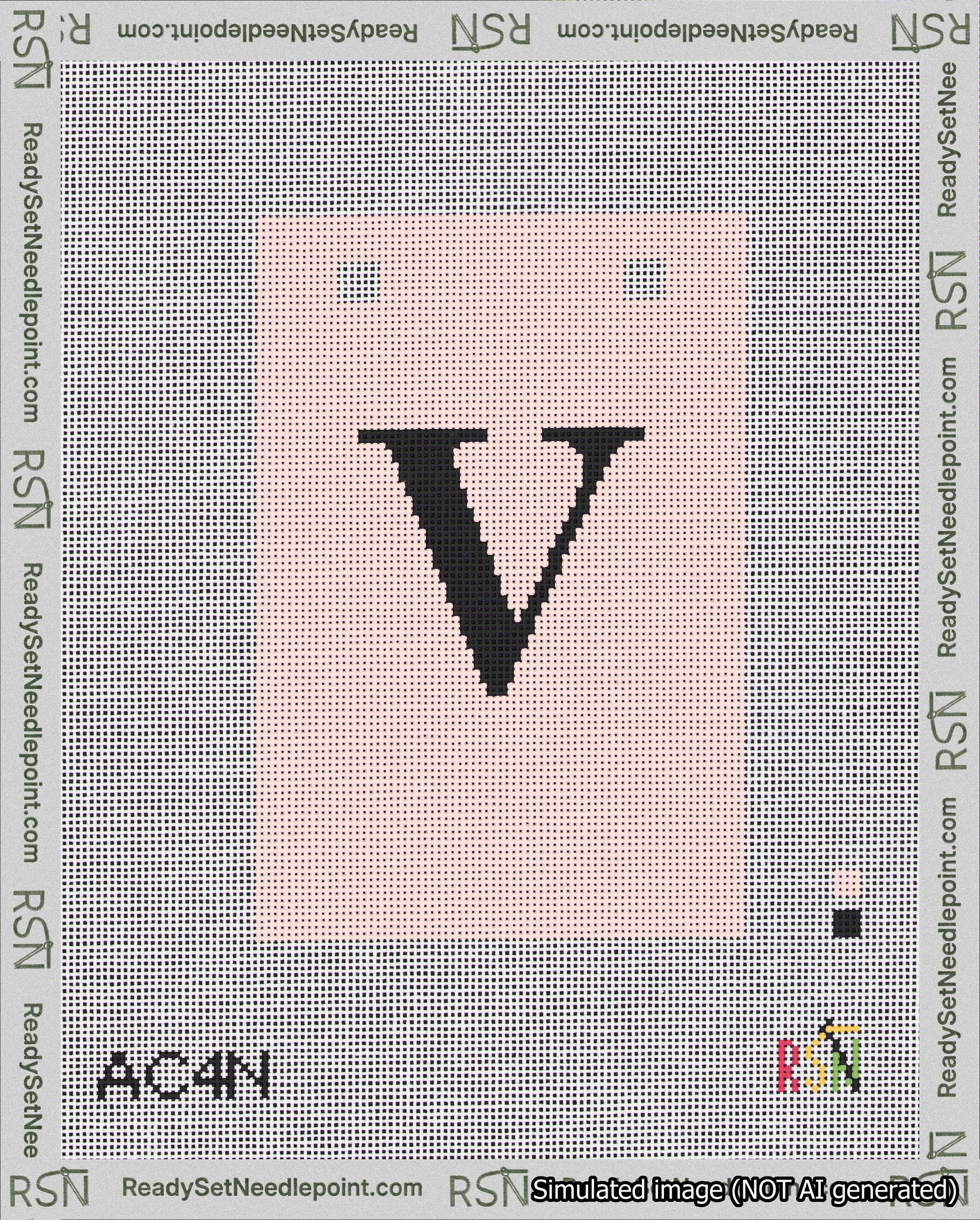 A taped needlepoint canvas with the design: Banner 18 mesh count Squared V Black on Pink.
