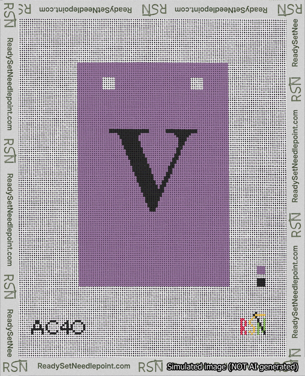 A taped needlepoint canvas with the design: Banner 18 mesh count Squared V Black on Purple.