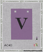 A taped needlepoint canvas with the design: Banner 18 mesh count Squared V Black on Purple.