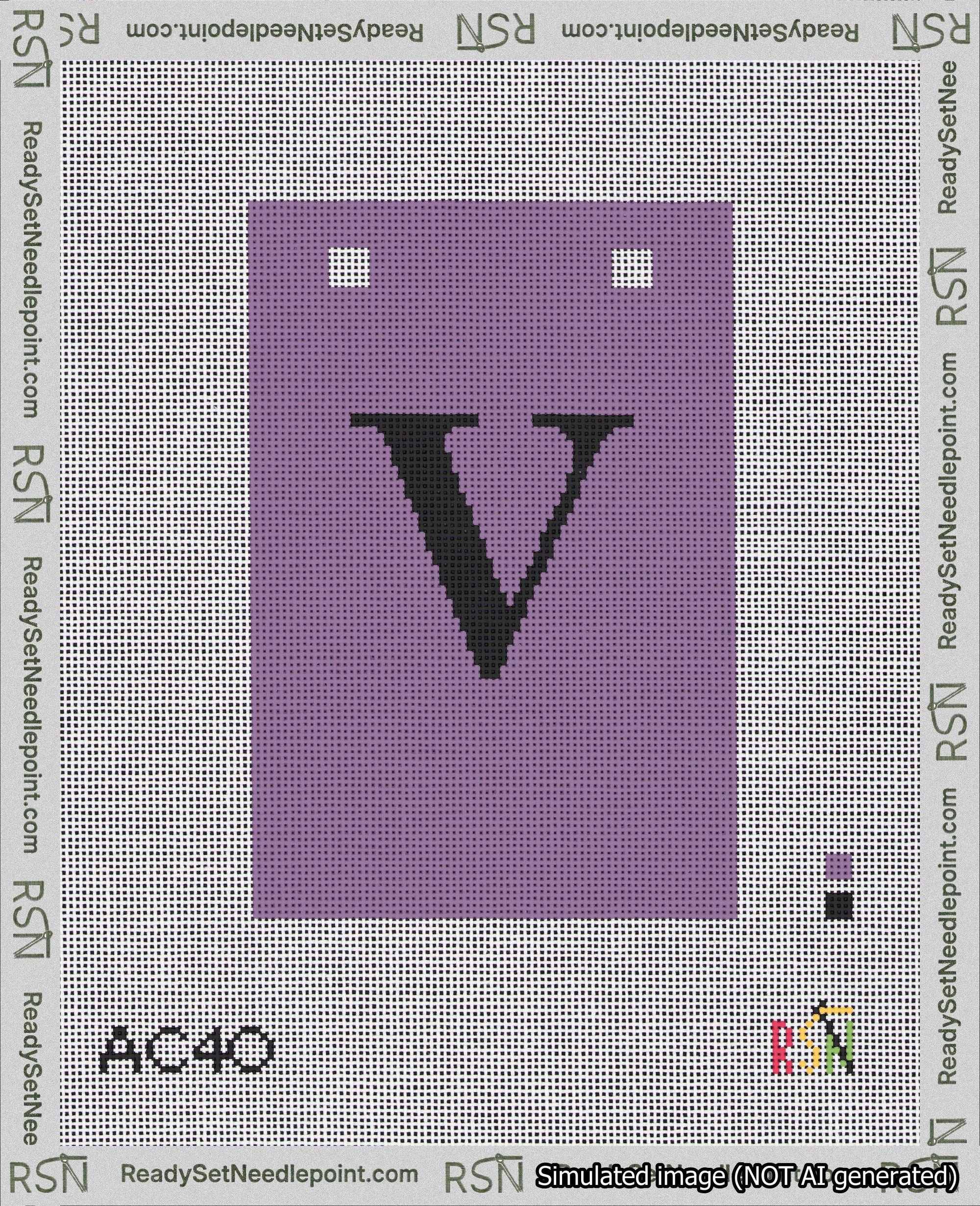 A taped needlepoint canvas with the design: Banner 18 mesh count Squared V Black on Purple.