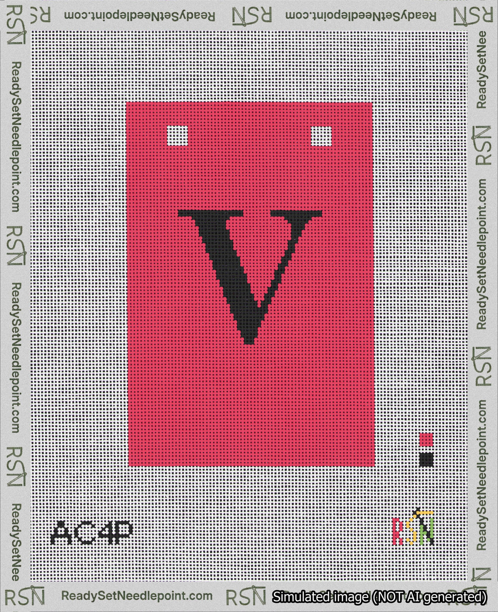 A taped needlepoint canvas with the design: Banner 18 mesh count Squared V Black on Red.