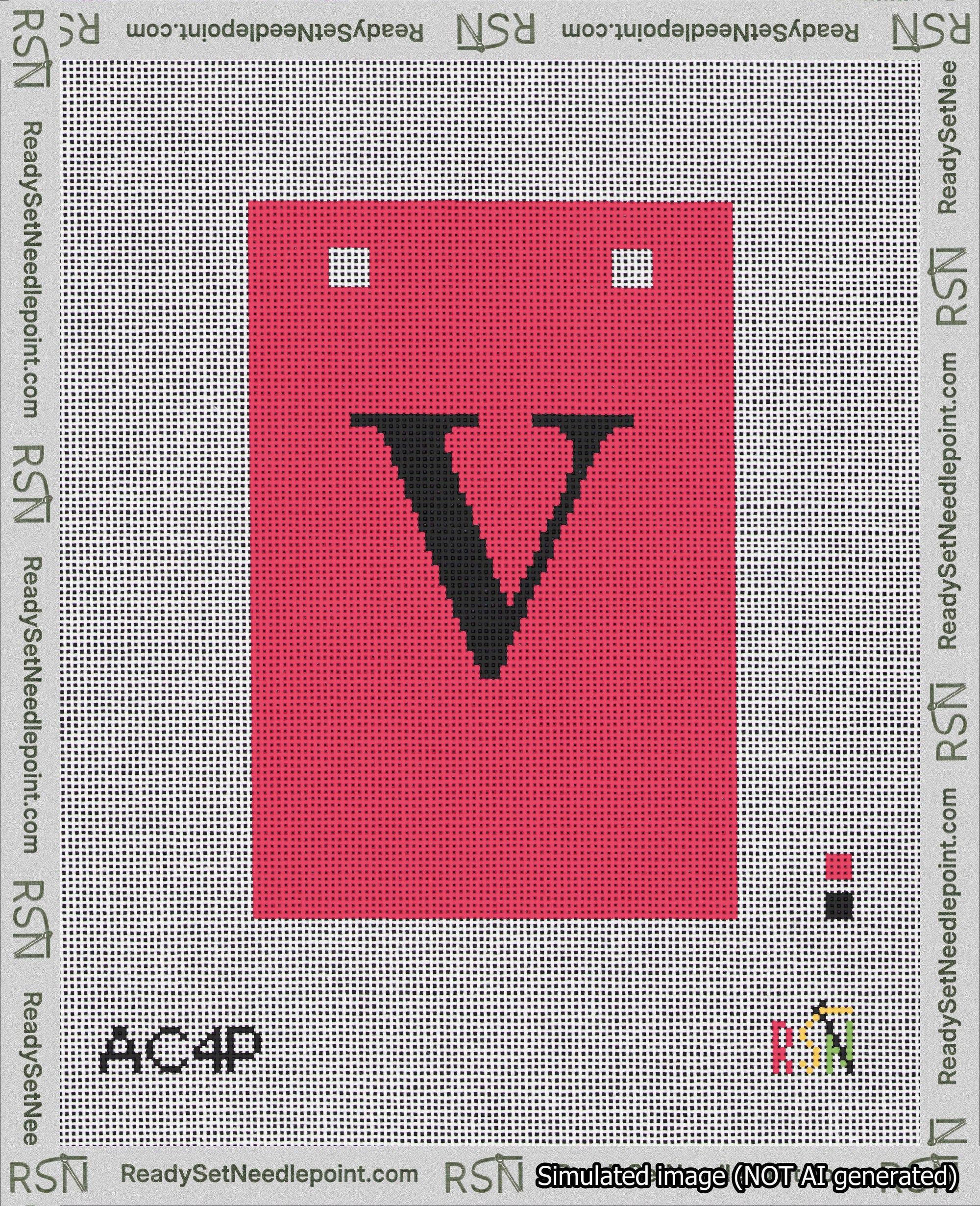 A taped needlepoint canvas with the design: Banner 18 mesh count Squared V Black on Red.