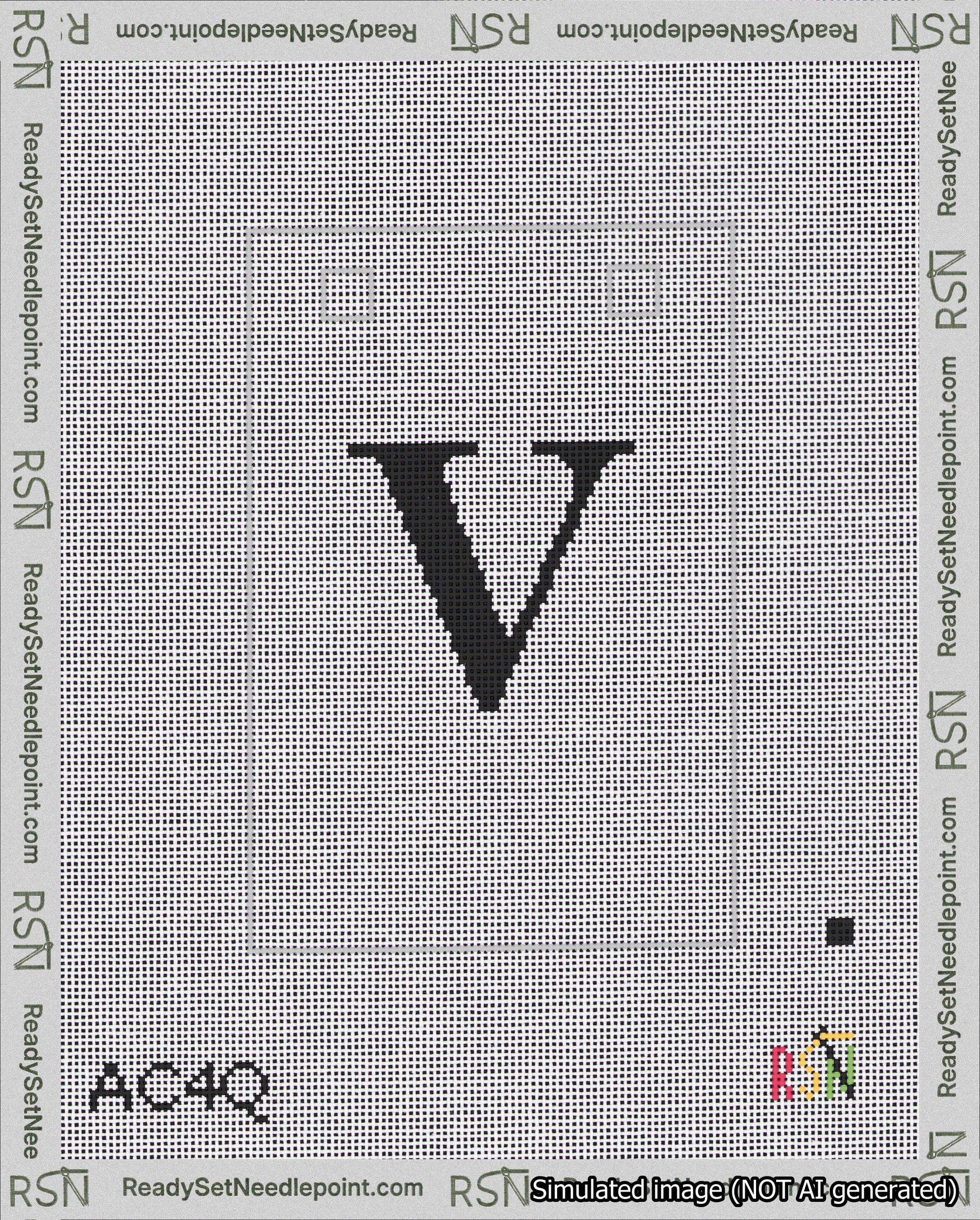 A taped needlepoint canvas with the design: Banner 18 mesh count Squared V Black on White.