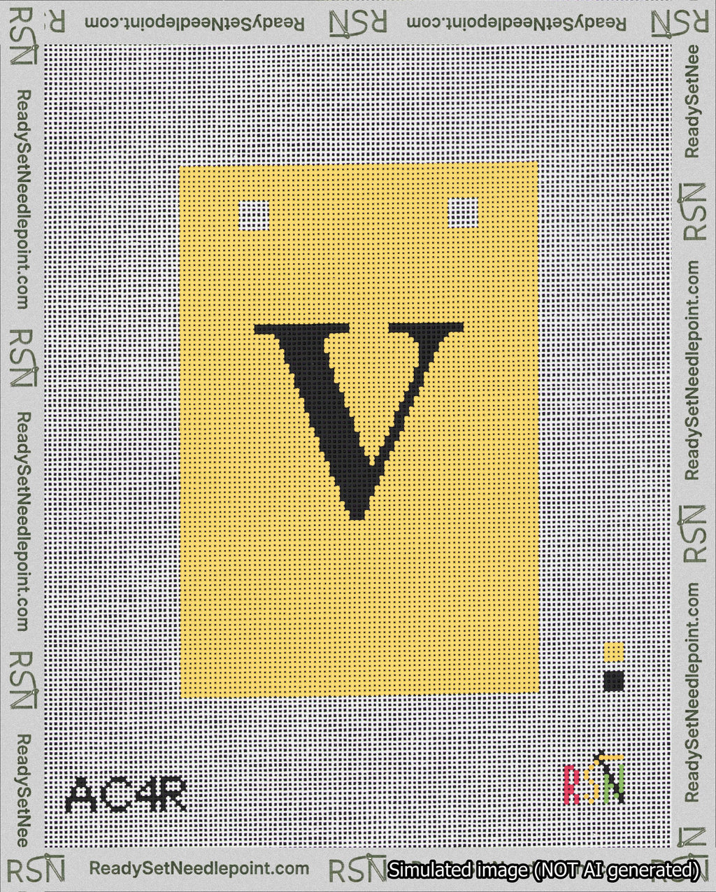 A taped needlepoint canvas with the design: Banner 18 mesh count Squared V Black on Yellow.