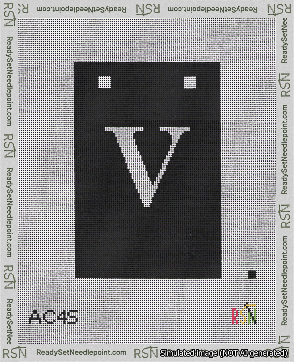 A taped needlepoint canvas with the design: Banner 18 mesh count Squared V White on Black.